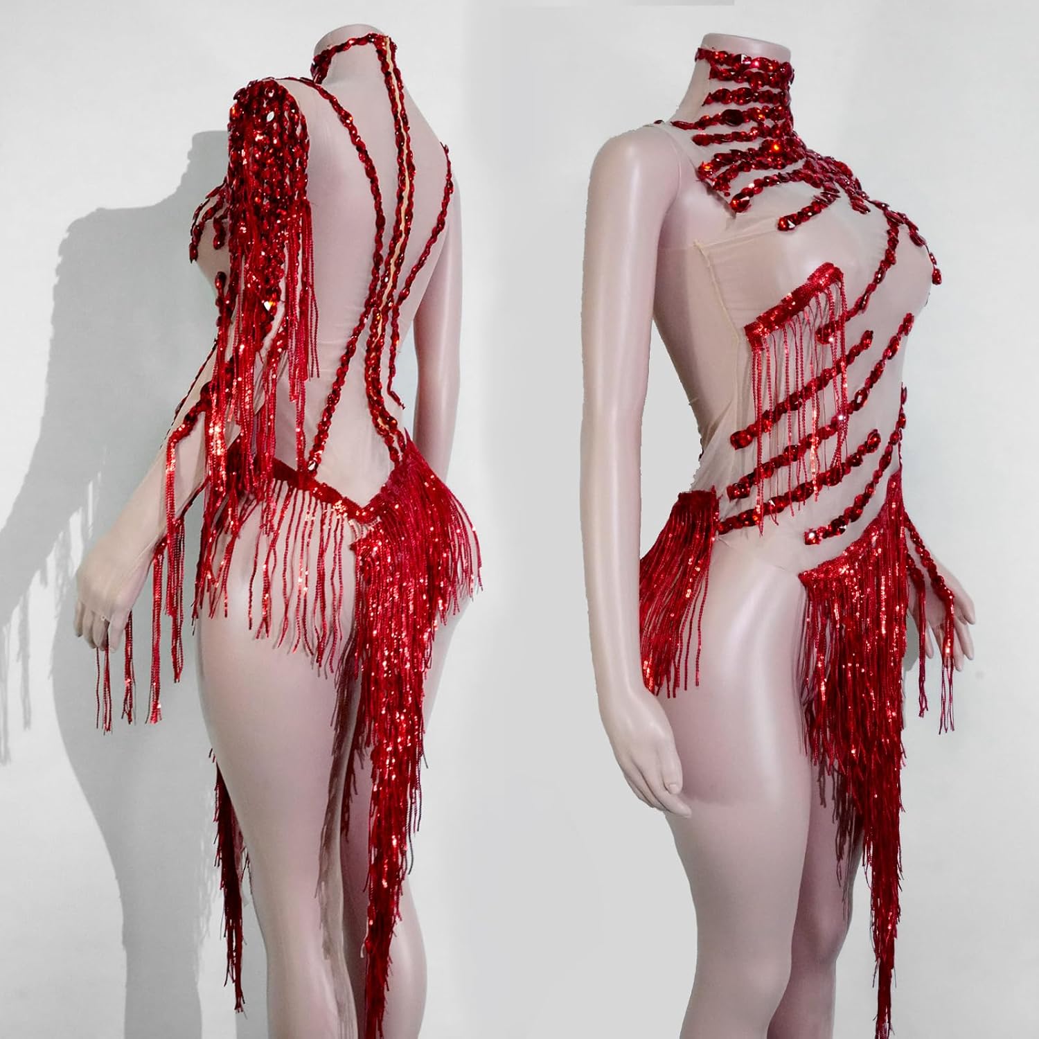 Sparkle Tassels Latin Dress Women one Shoulder mesh Team Outfit Nightclub Cabaret Performer Costume Sequined Party Stage