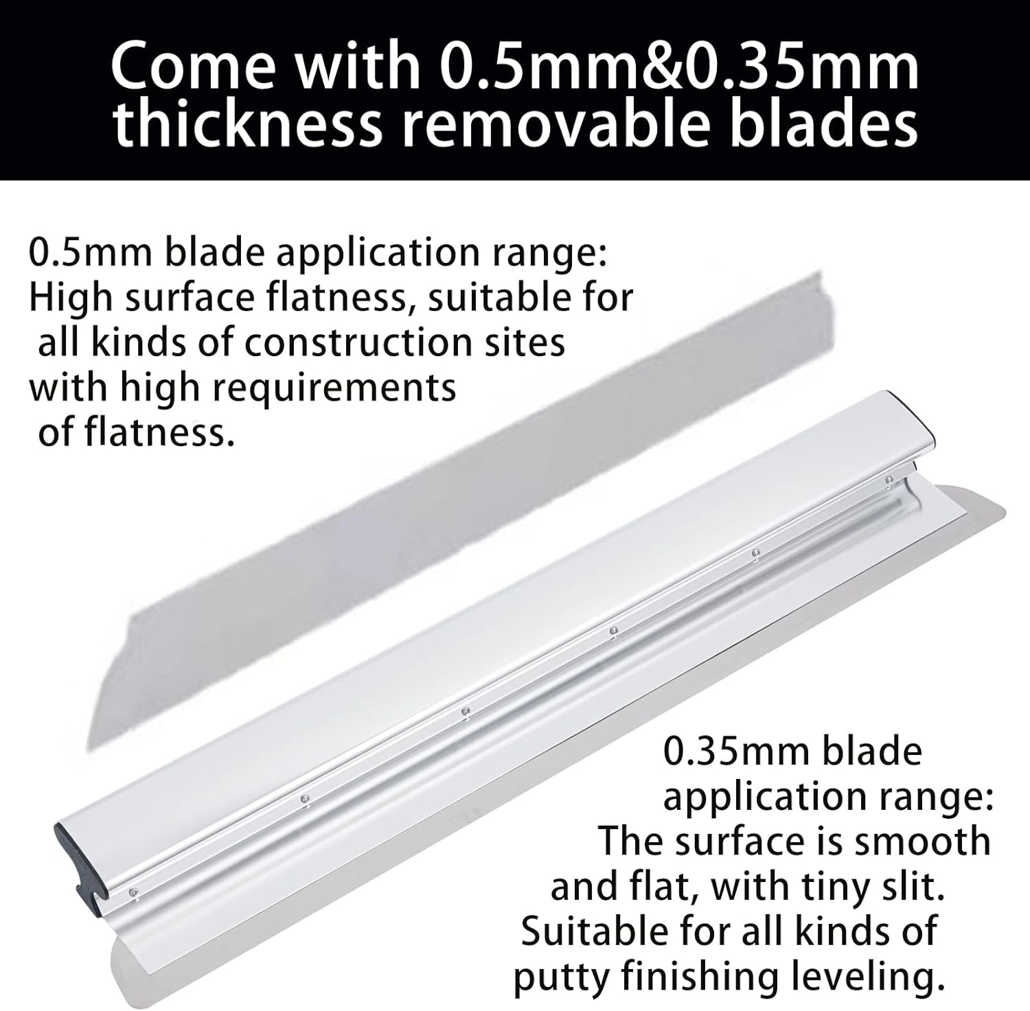 BHTOP Drywall Tools Skimming Blade with Extension Handle - 12", 22" & 32" Blades Extruded Aluminum 301 Stainless Steel Construction Tools End Caps, Wall-Board with 0.5mm&0.35mm Thickness