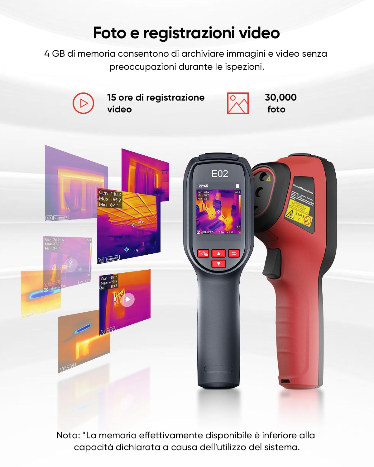 Termocamera HIKMICRO E02, SuperIR risoluzione IR 240x240 con termocamera visibile, termocamera portatile con puntatore laser, frequenza di refresh 20Hz, range di misurazione da -20°C a 400°C