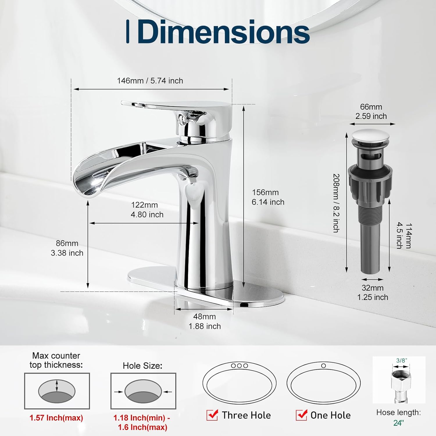 VOTON Chrome Bathroom Faucets Single Handle Waterfall Sink Faucet One Hole or Three Holes with Deck Mount Vanity Farmhouse RV Vessel Basin Faucet