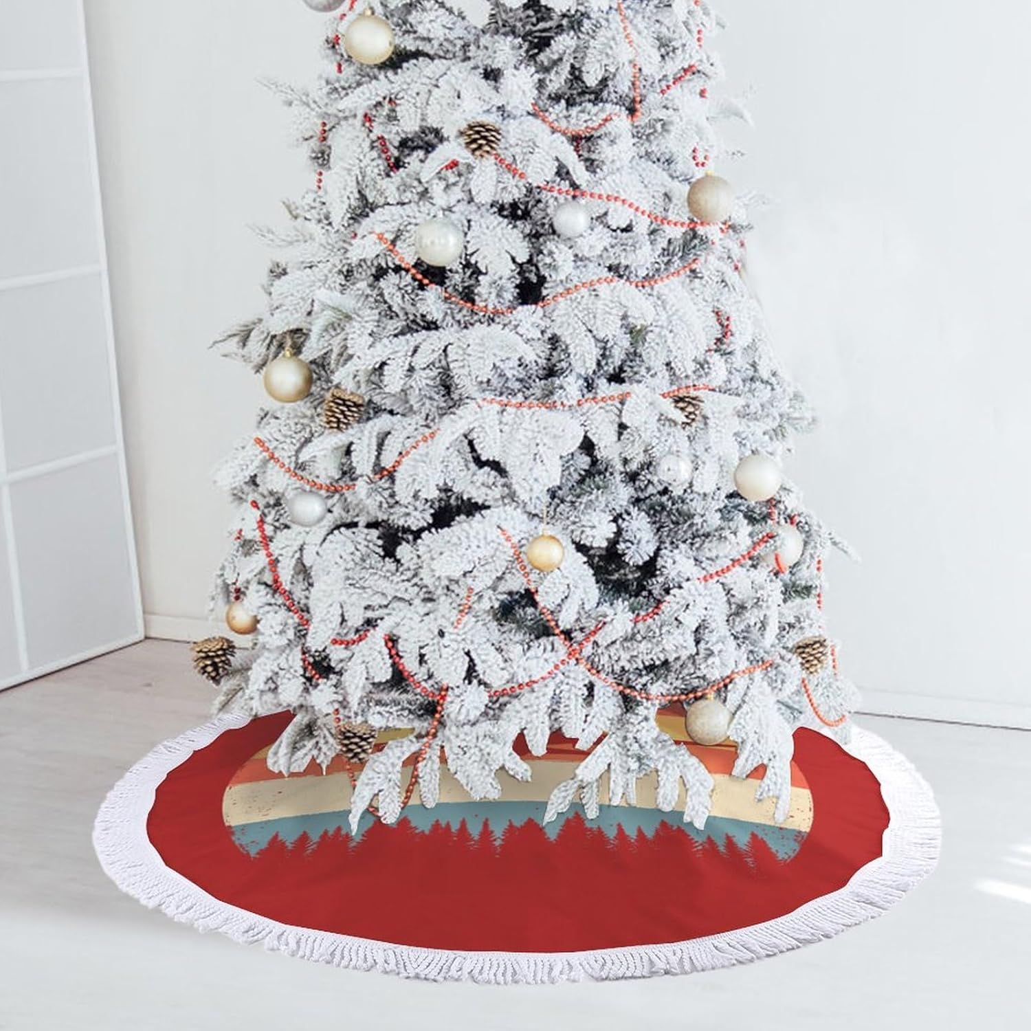 Vintage Airplane Christmas Tree Skirt Round Xmas Tree Mat Ornaments Tree Skirts with Tassels for Holiday Party