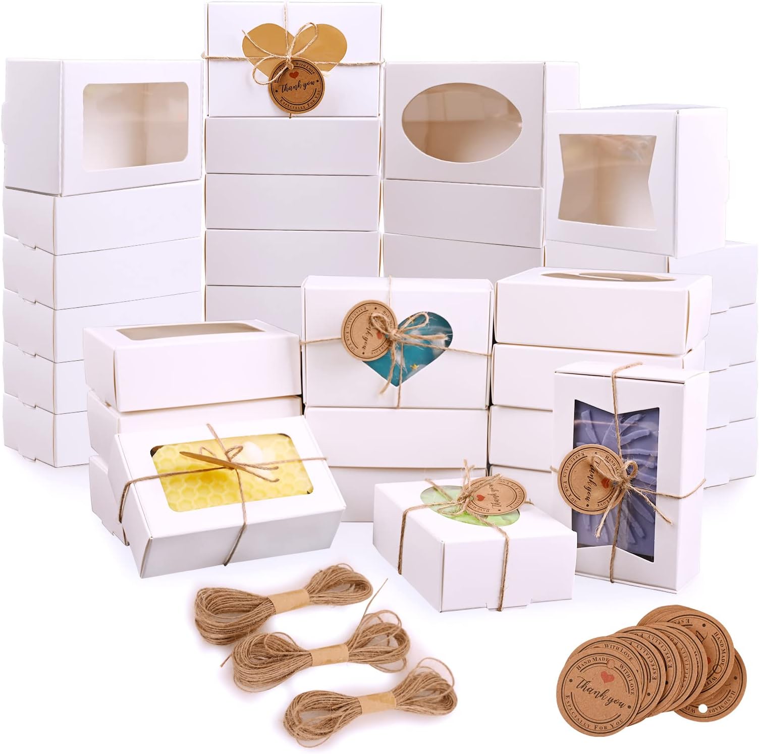 Moukiween 60 PCS White Soap Boxes for Homemade Soap, 3.54 X 2.36 X 1.18 Inch Soap Packaging Gift boxes with Window, Small Rectangular Soap Wrapping Boxes (White)