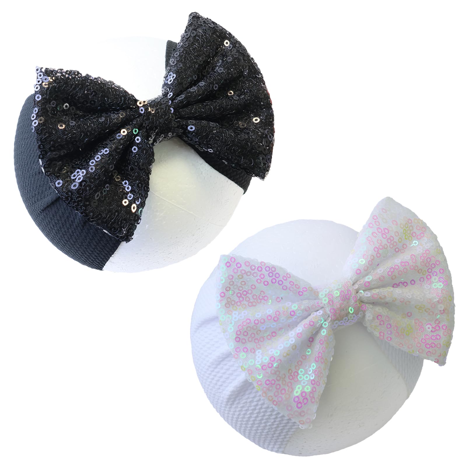 HELYKAKA Black Sequin Bow Baby Headbands, White Big Bows for Baby Girls Hair Bow Baby Girl Elastic Wide Hairbands for Baby Girls Newborn and Infant