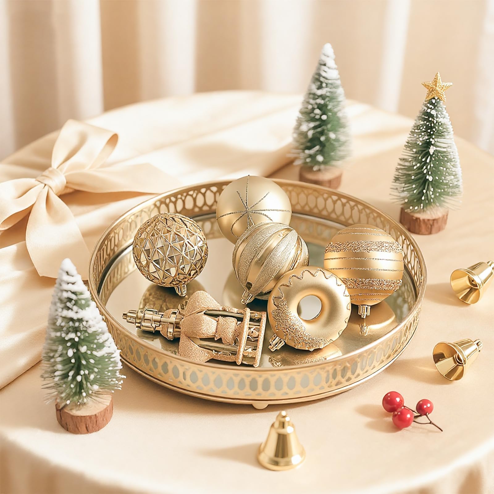Shareconn 70pcs Christmas Ball Set - Ornements en Plastique incassable, Rubans et décorations pour Le Sapin - Parfait pour Les fêtes de Fin d'année et Les Mariages, Champagne Gold