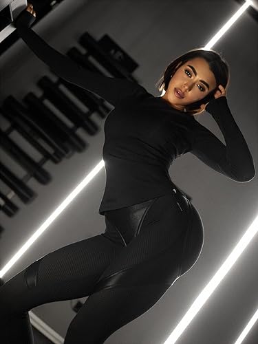 Miniatura 4 de Bona Fide Camisetas de entrenamiento para mujer, camisa de compresión de manga cortalarga, transpirable, ajustada, para gimnasio, correr, yoga