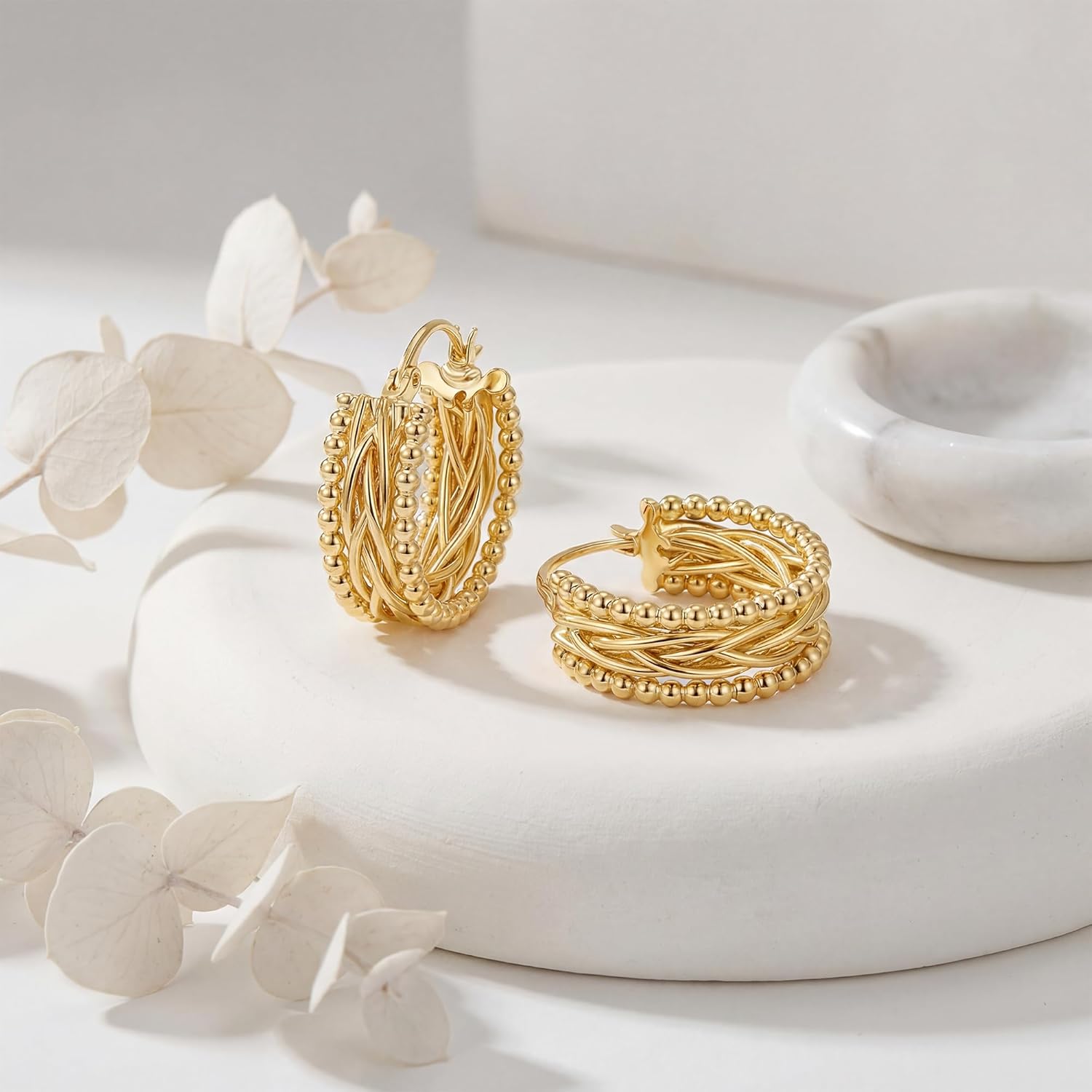 Gold Hoop Earrings for Women 14K Gold Hoop Earrings for Women 14K Gold Beads Hoops Earring for Womens Sculptural Twisted Design Womens Hoops Earring 23mm