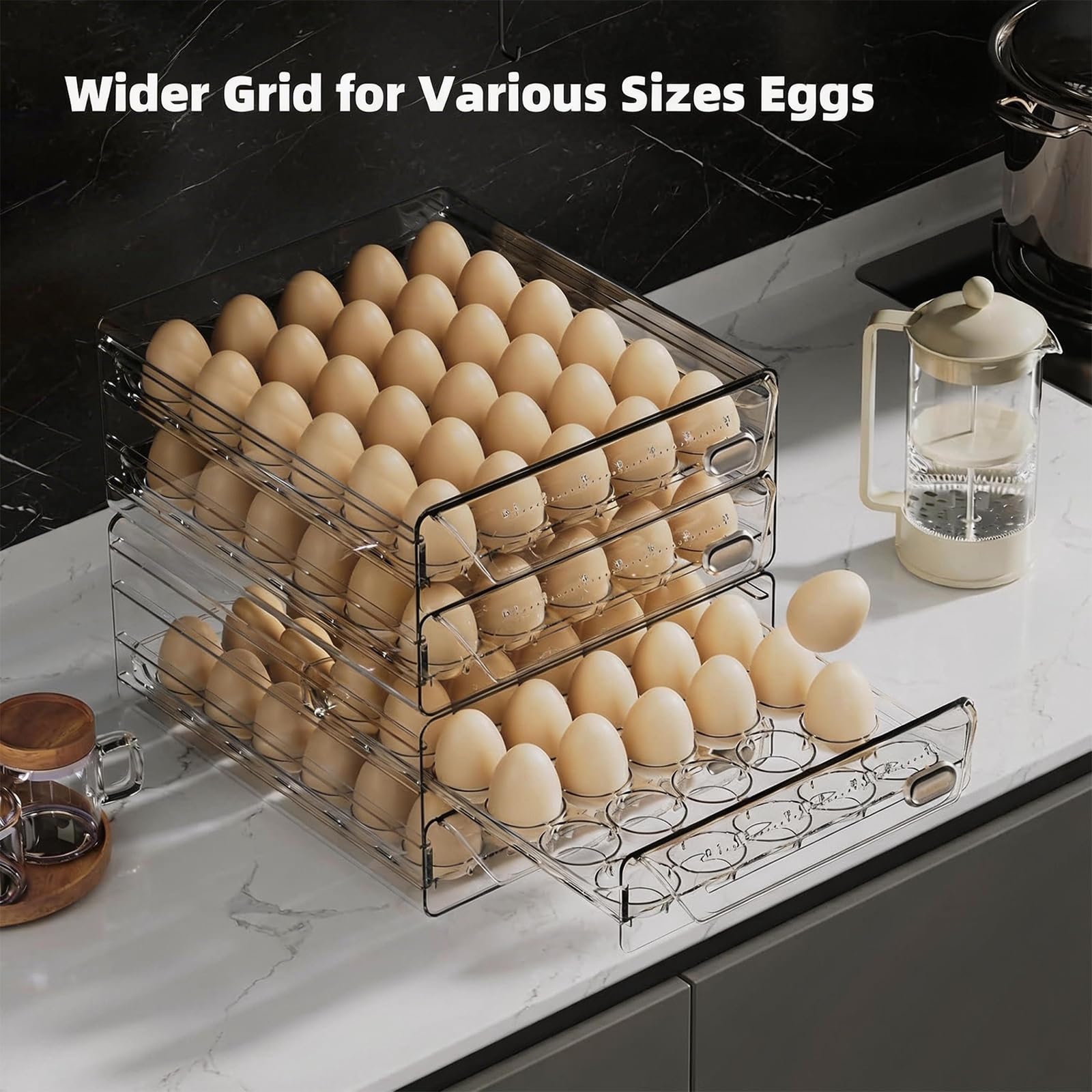 HIYOHIYO Soporte para huevos de 40 rejillas para refrigerador, contenedor de huevos de PET transparente con escala de tiempo, cajones apilables de polipropileno de grado comestible, bandeja