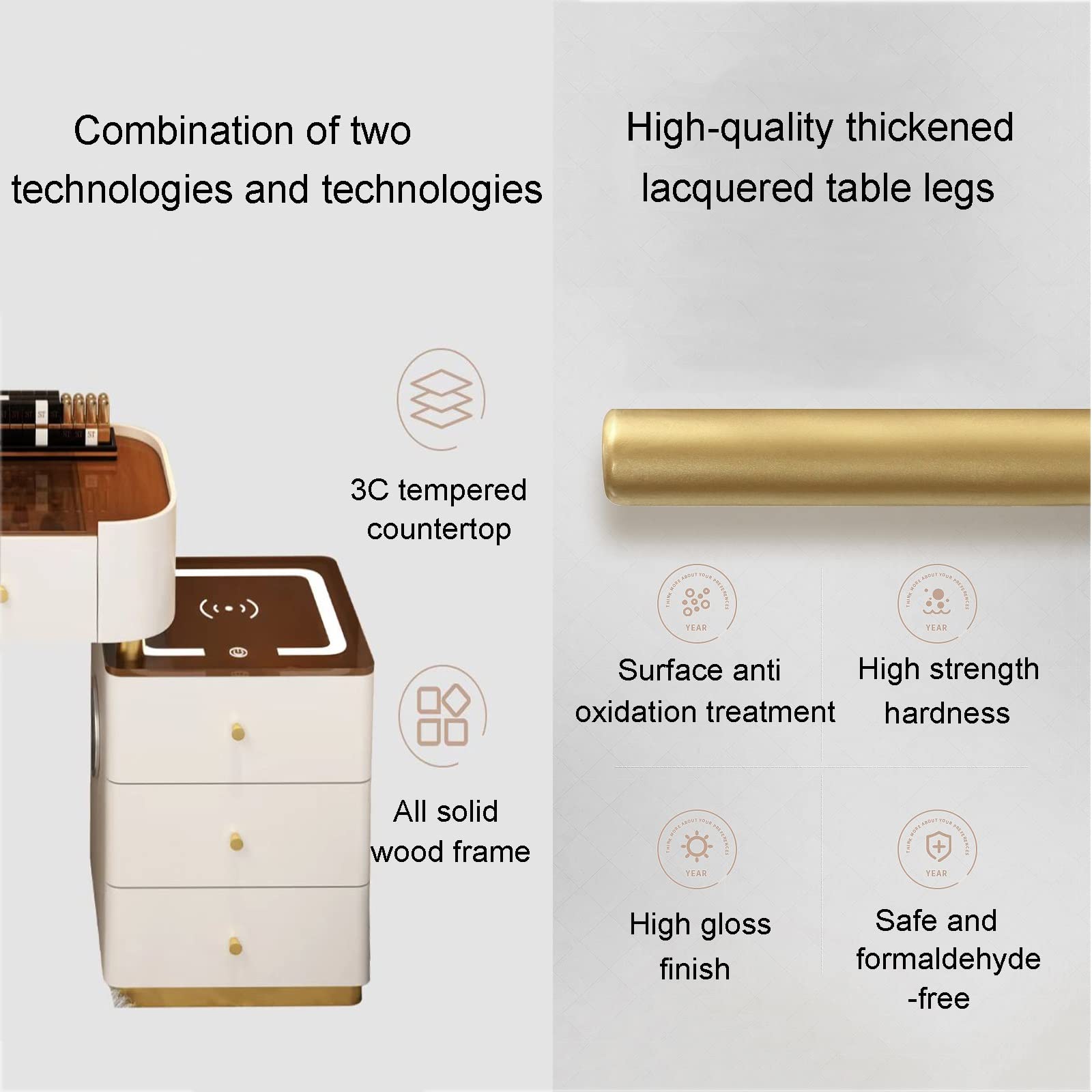 Toaletka do makijażu Bluetooth z regulowaną 3-kolorową stacją ładującą dla kobiet i dziewcząt – stylowa toaletka 80 cm z głośnikiem, idealna do dekoracji domu i akcesoriów kosmetycznych