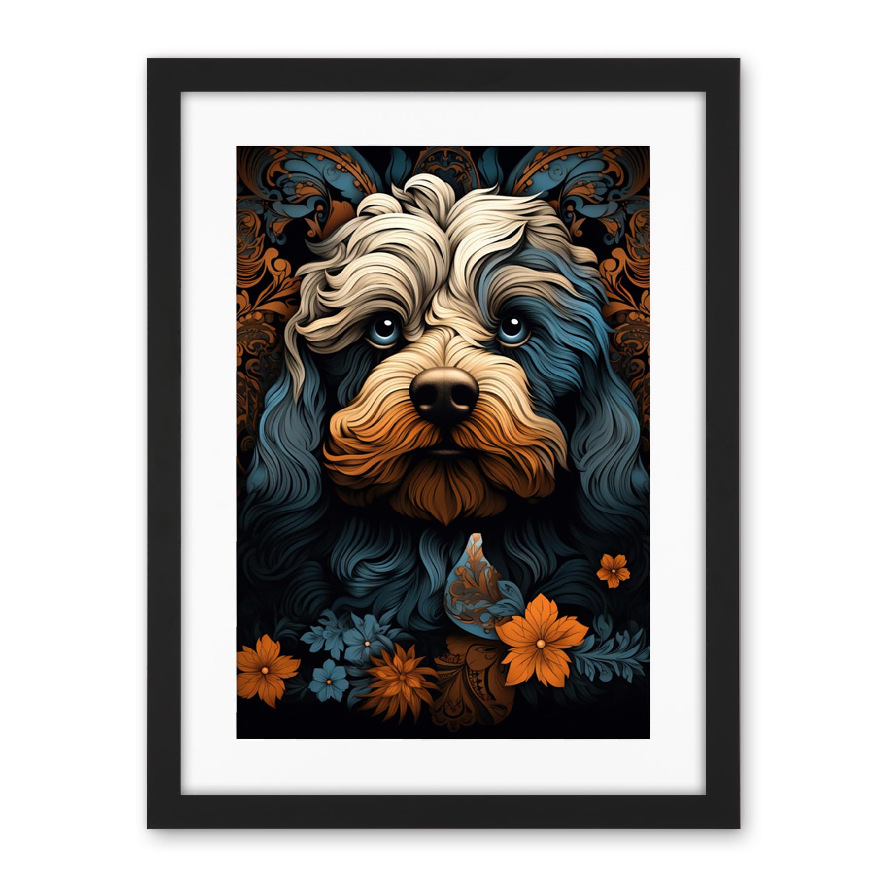 Artery8 Cockapoo Dog with Flower Patterns Art Nouveau Artwork Orange Blue Floral Portrait Design Artwork Framed Wall Art Print 18X24 Inch