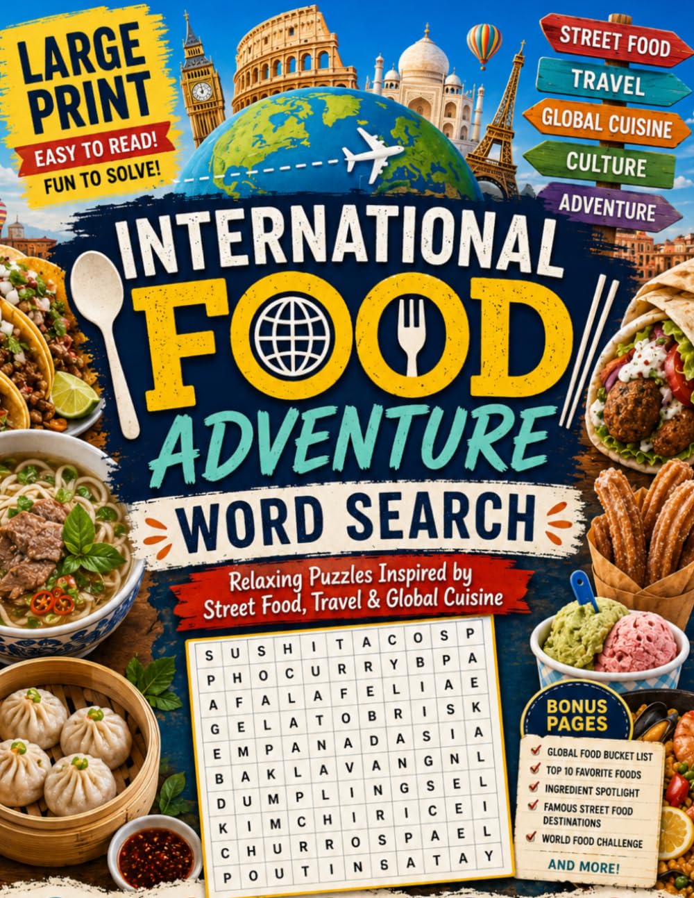 International Food Adventure Word Search: Relaxing Puzzles Inspired by Street Food, Travel & Global Cuisine