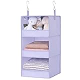 3 Shelf Hanging Closet Organizers and Storage, Collapsible Closet Storage Organizer with 2 Metal Hooks, Leak-Proof Hanging Shelves for Nursery, Kids Room, Bedroom, 1 Pack, Purple