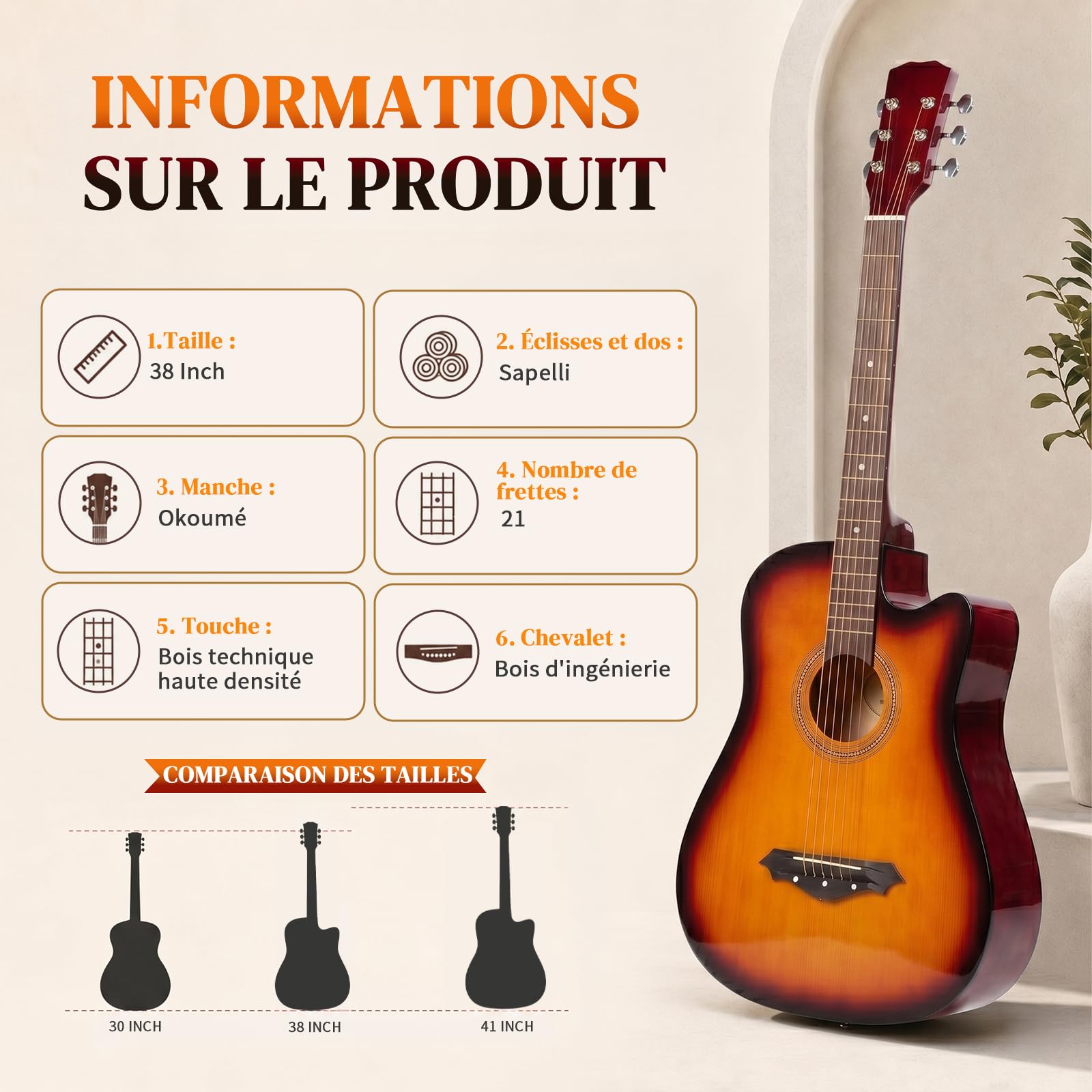 LEADZM Guitare Classique Débutants, 38 Inch, Cordes en Nylon (Feu)