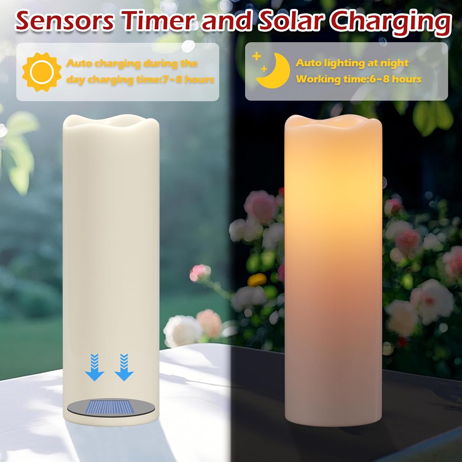 GenSwin Solar Candles Outdoor Waterproof, Large 14” x 4” Solar Candles Rechargeable, Battery Operated Pillar Candle with Sensor Timer Dusk to Dawn for Lanterns, Outdoor, Patio Decor(Set of 2)