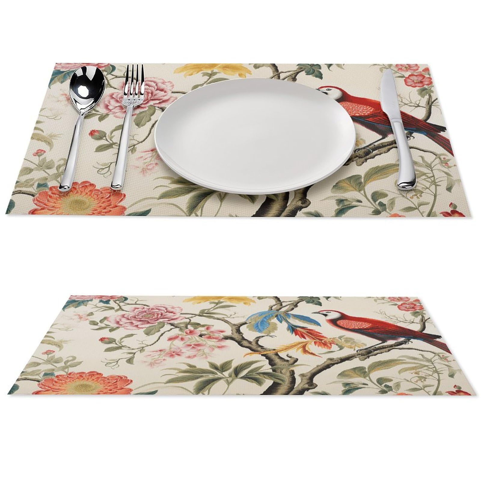 Sets de table lavables en PVC | Lot de 6 imprimé fleurs et oiseaux résistants à la chaleur
