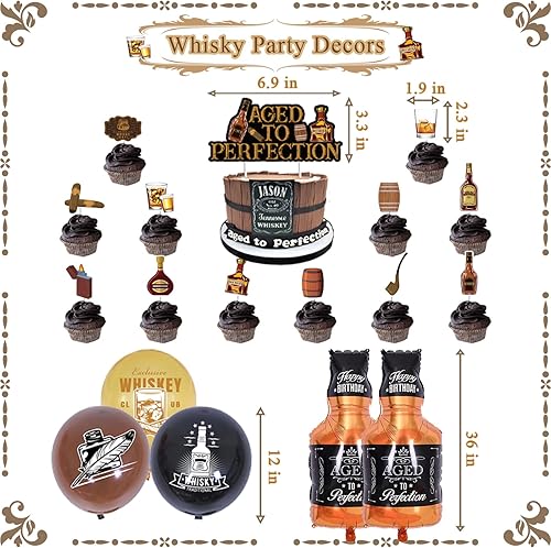 Miniatura 4 de Chilfamy Decoraciones de cumpleaños de whisky para hombres, suministros de fiesta de edad a la perfección con pancarta de feliz cumpleaños, pancarta