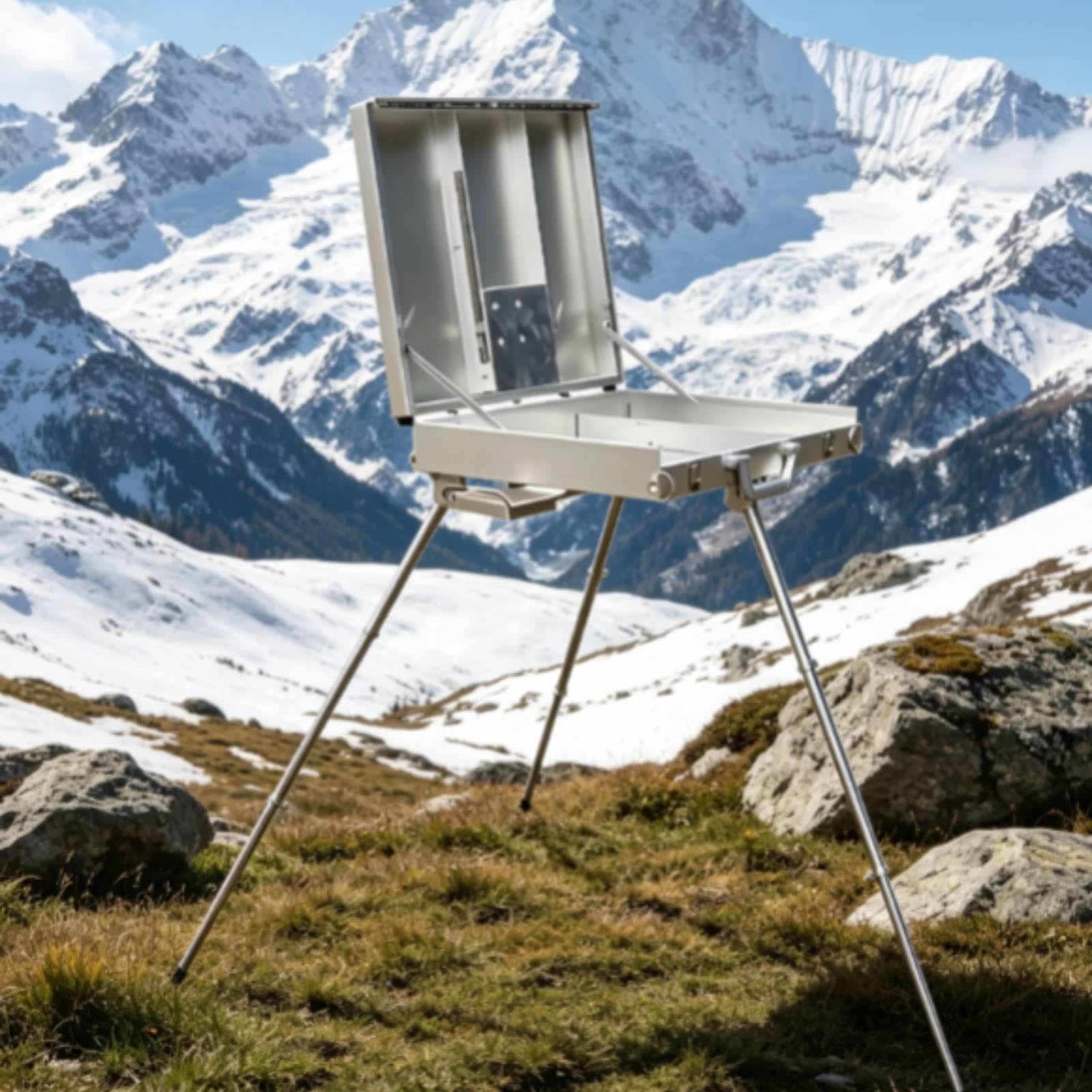 Zusammenklappbarer Malkoffer aus Robustem Aluminium mit Verstellbarem Stützbein-system für Künstler Praktischer Skizzenkasten mit Scharnierdeckel Und, Silber