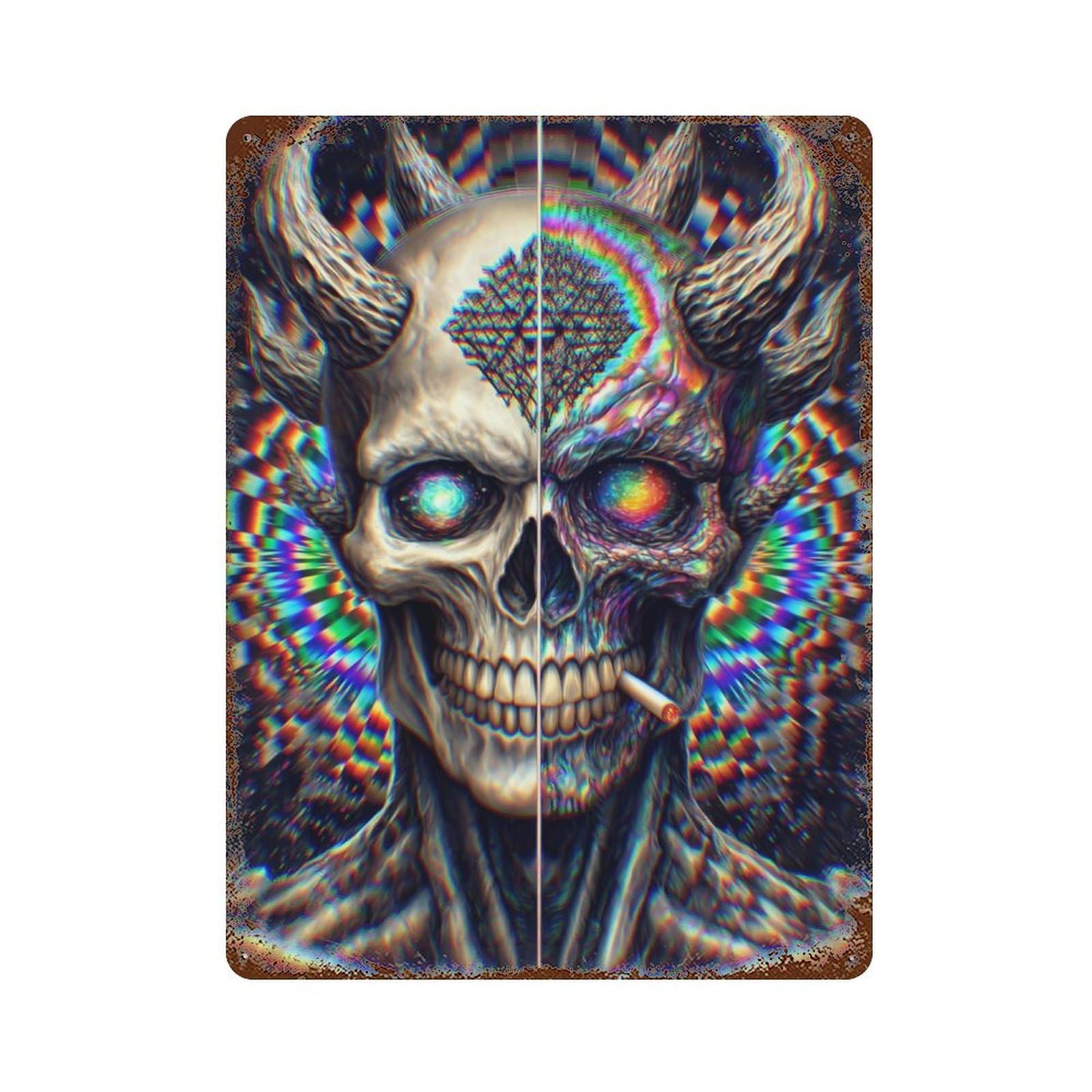 Psychedelic Devil Skull Art Print Vintage Rust Metal Sign 15.7"x11.8", Ideal for Cafe, Home Bar And Lounge Decor