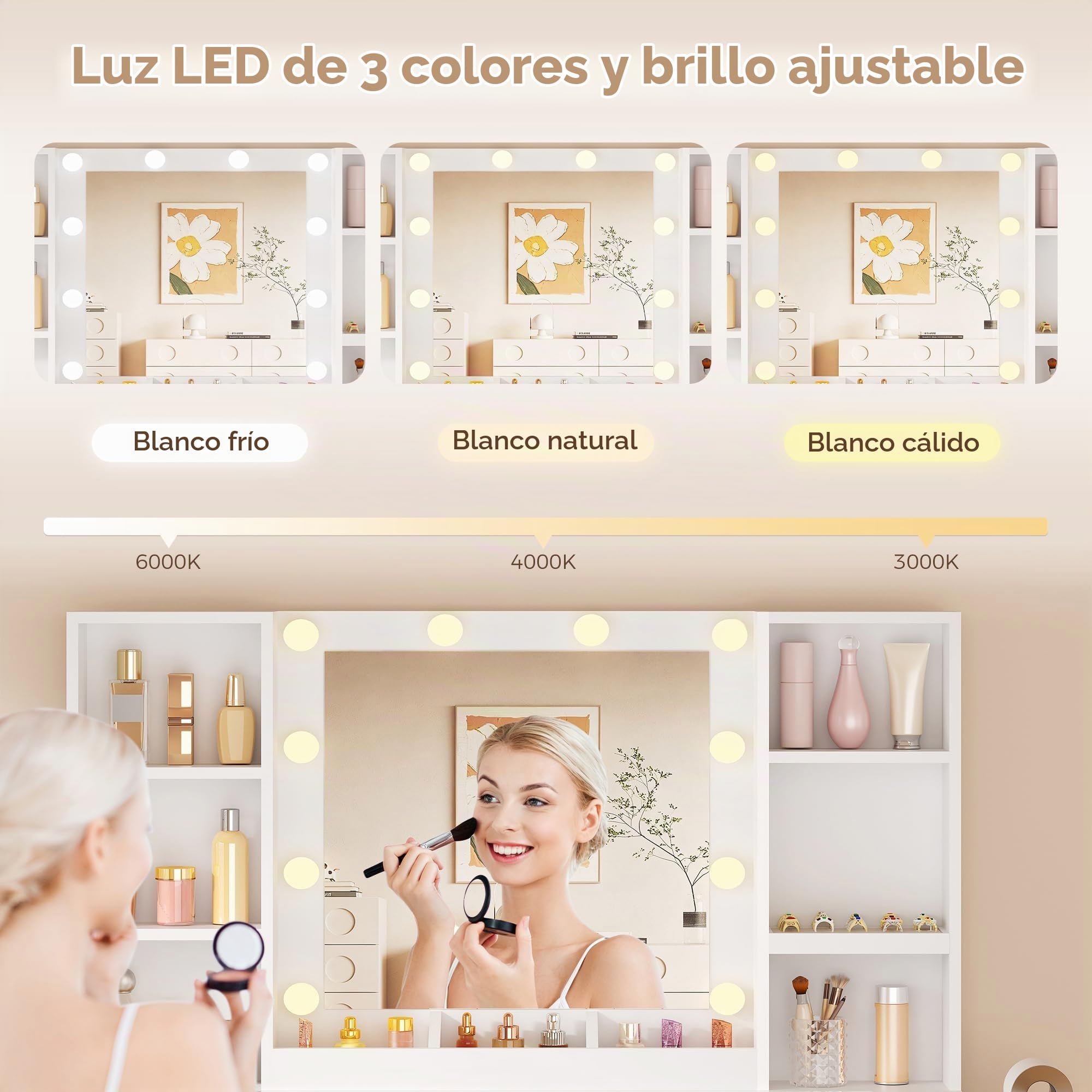 Grande Tocador de Maquillaje con Luz LED y Espejo,Vidrio,Enchufes