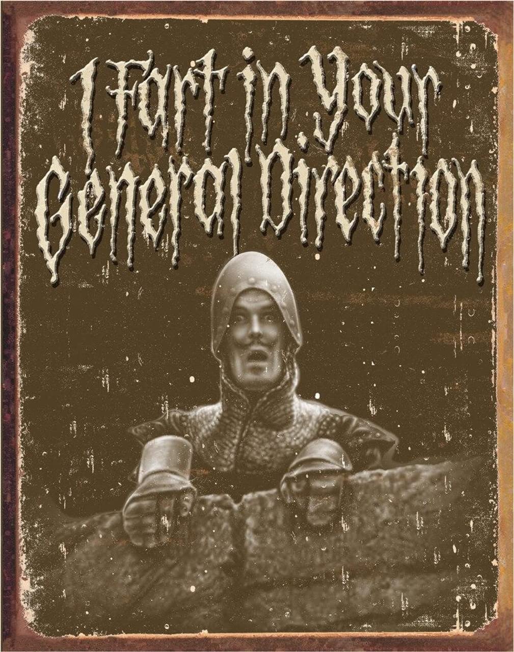 Desperate Enterprises Monty Python - I Fart In Your General Direction Tin Sign - Nostalgic Vintage Metal Wall Decor - Made in USA