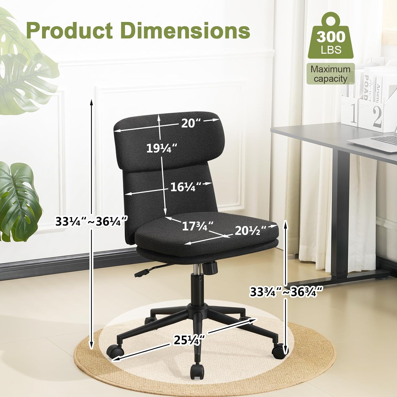 Furniliving Armless Office Chair, Upholstered Chenille Desk Chair with Wheels, Adjustable Swivel Computer Vanity Chair with Double-Layer Cushion, Black - Image 2