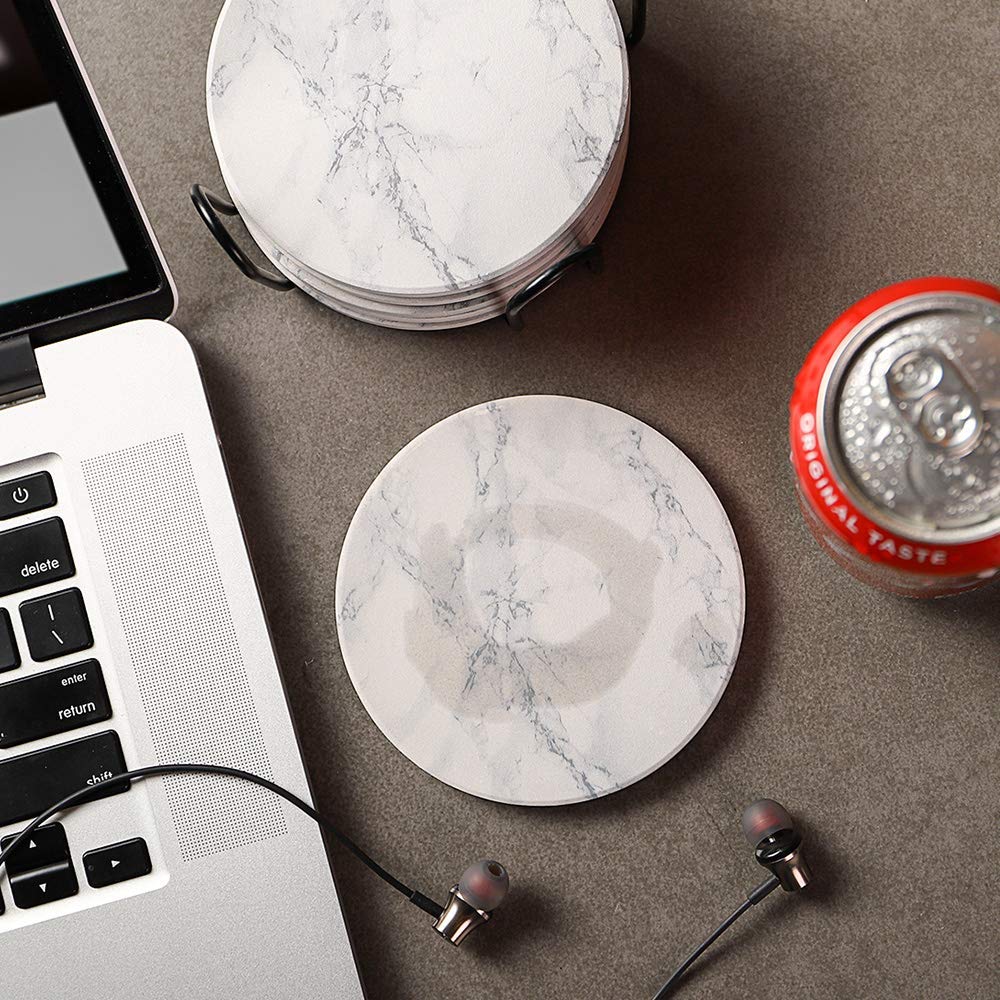 LIFVER Coasters for Drinks, White Marble-Style Absorbent Coasters with Holder, Housewarming Gifts for Home Decor, Suitable for Kinds of Cups, 4.2 Inches, Set of 6