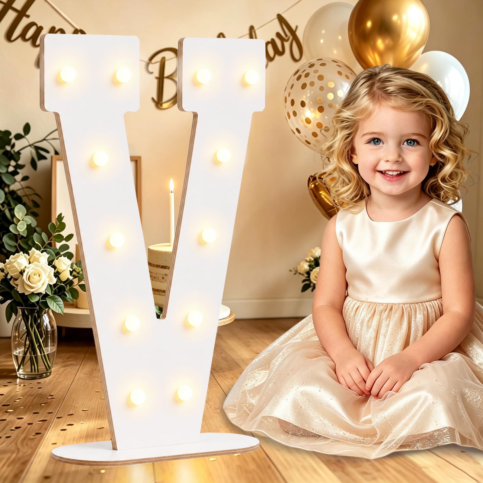 Large 44CM White Wooden Light Up Letters V for Birthday Party Decorations — image 1