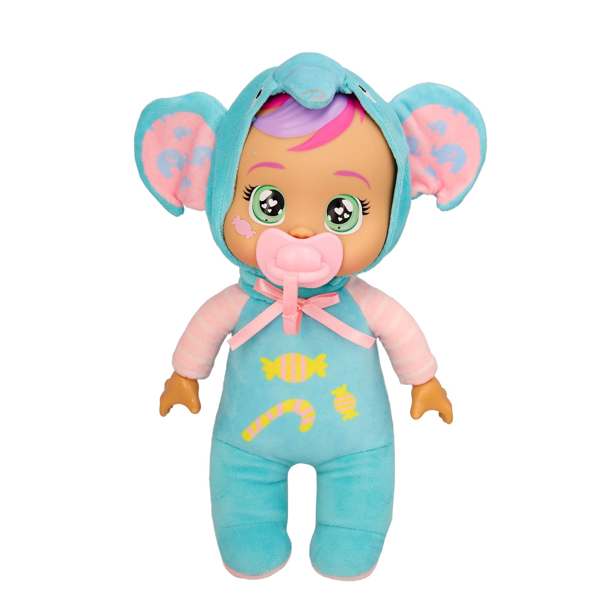 Bebes Llorones Tiny Cuddles Day Care Ellie, Muñeco de Peluche Vestido con Pijama de Elefante Azul Celeste con Dibujos, Llora Lágrimas de Verdad, Juguete para Niñas y Niños de 18+ Meses