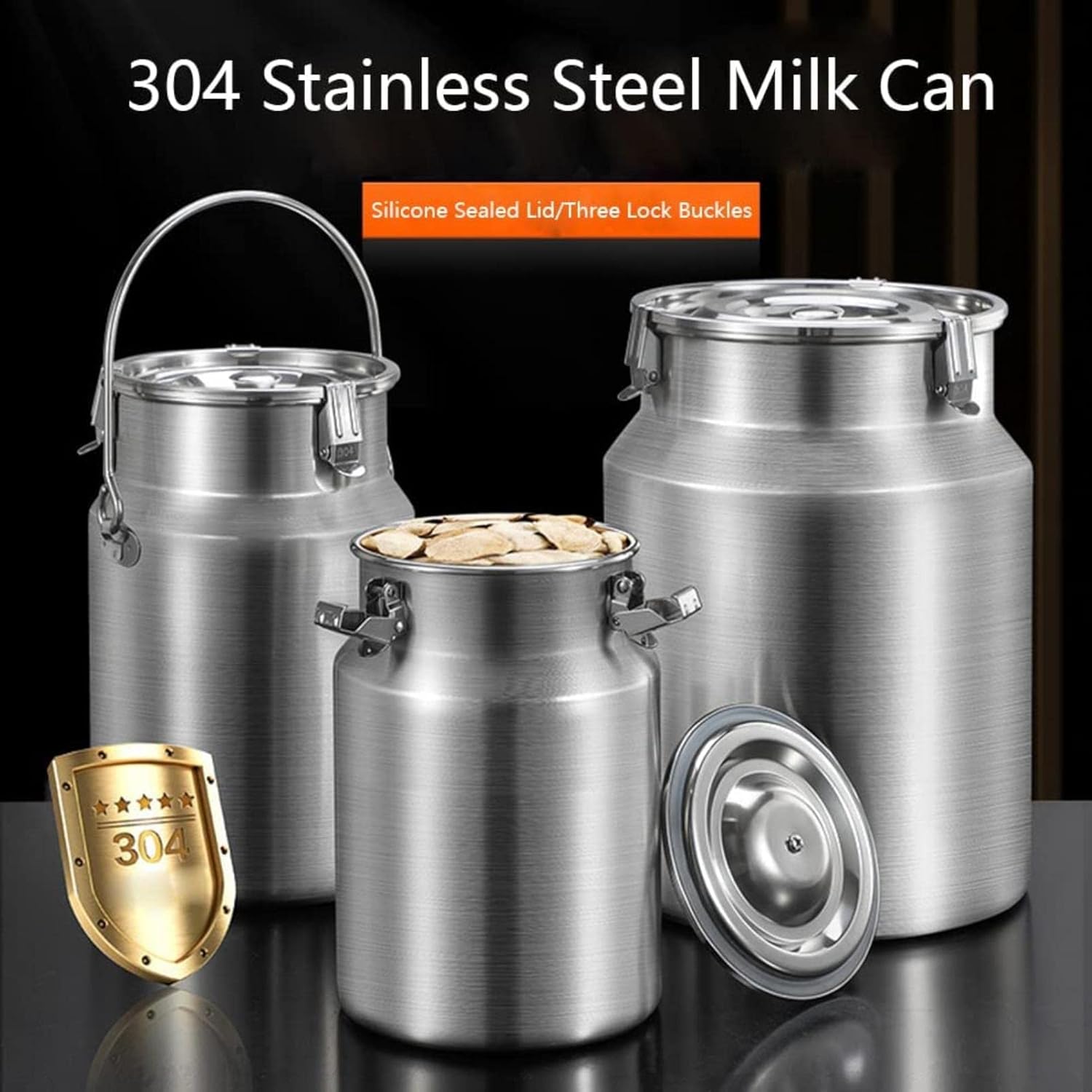 304 Stainless Steel Milk Can Milk Transport Bucket Wine Pail Oil Barrel Tea Canister Tote Jug with Sealed Lid, Single Handle and 3 Lock Buckle for Liquid Storage,3L