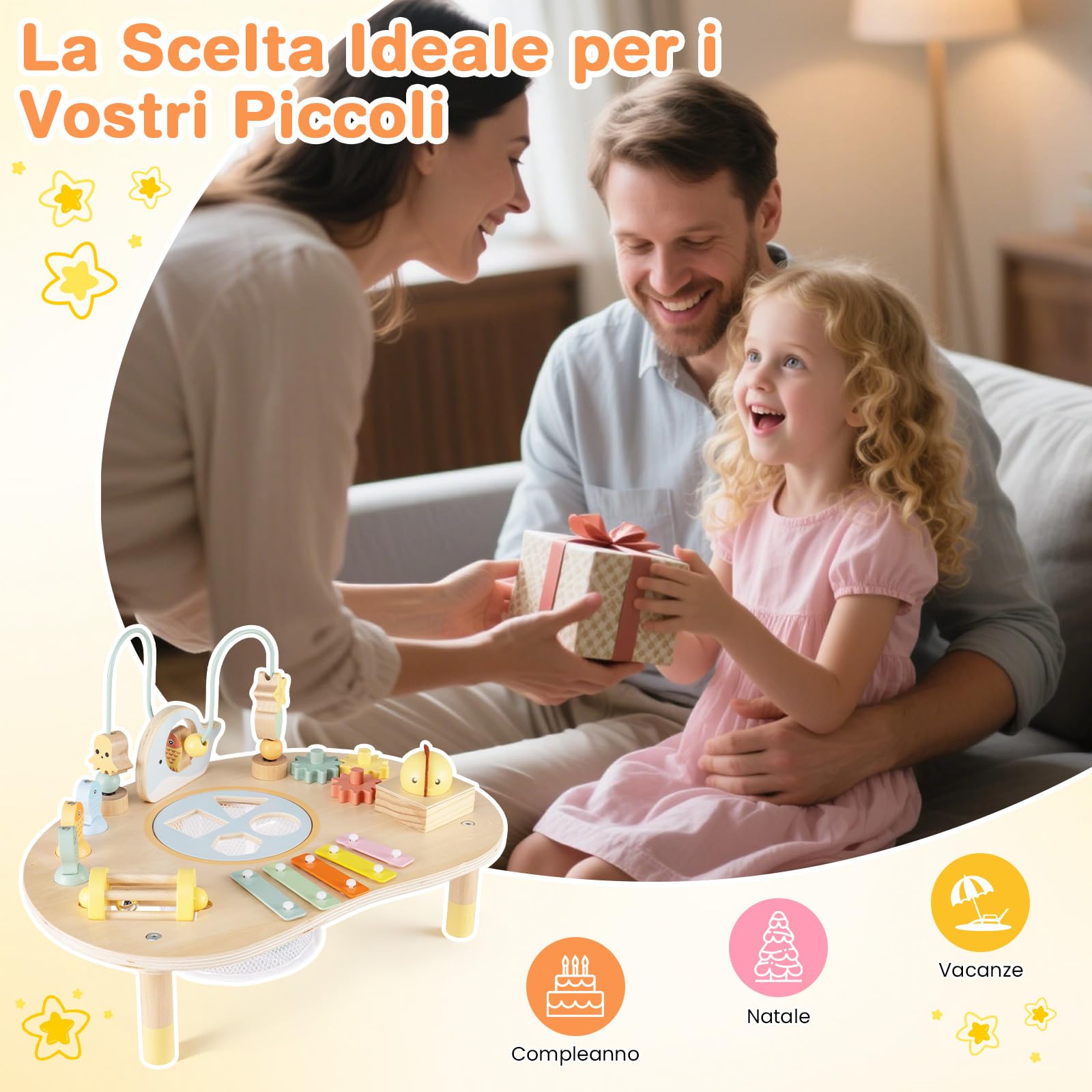 COSTWAY Centro di Attività Musicale in Legno Tavolo Multiattività Bambini 7-in-1 con Labirinto di Perle Xilofono Giochi Montessori