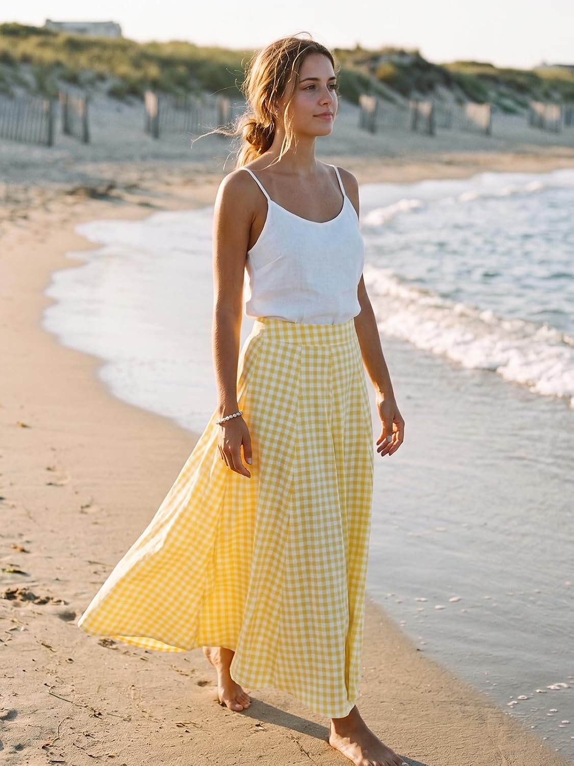 Womens Summer Maxi Skirts Plaid Gingham Long Skirt A Line Pleated Flared Casual Vacation Outfits with Pockets
