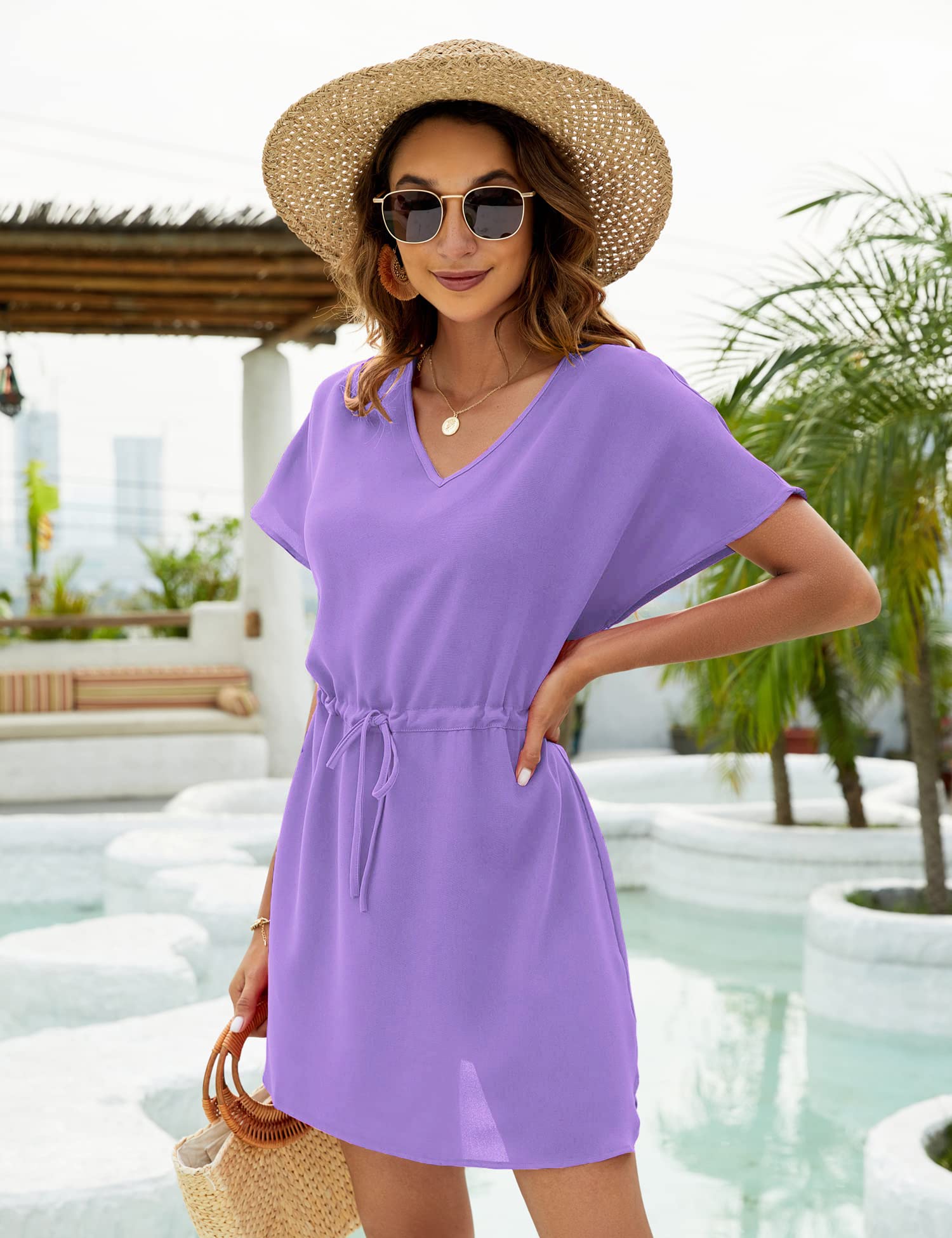 Robe de Plage Femme col en V Cache Maillot Manche Courte Robes ete Plage avec Ceinture Mousseline de Soie Décontracté Maillot de Bain Cover Up