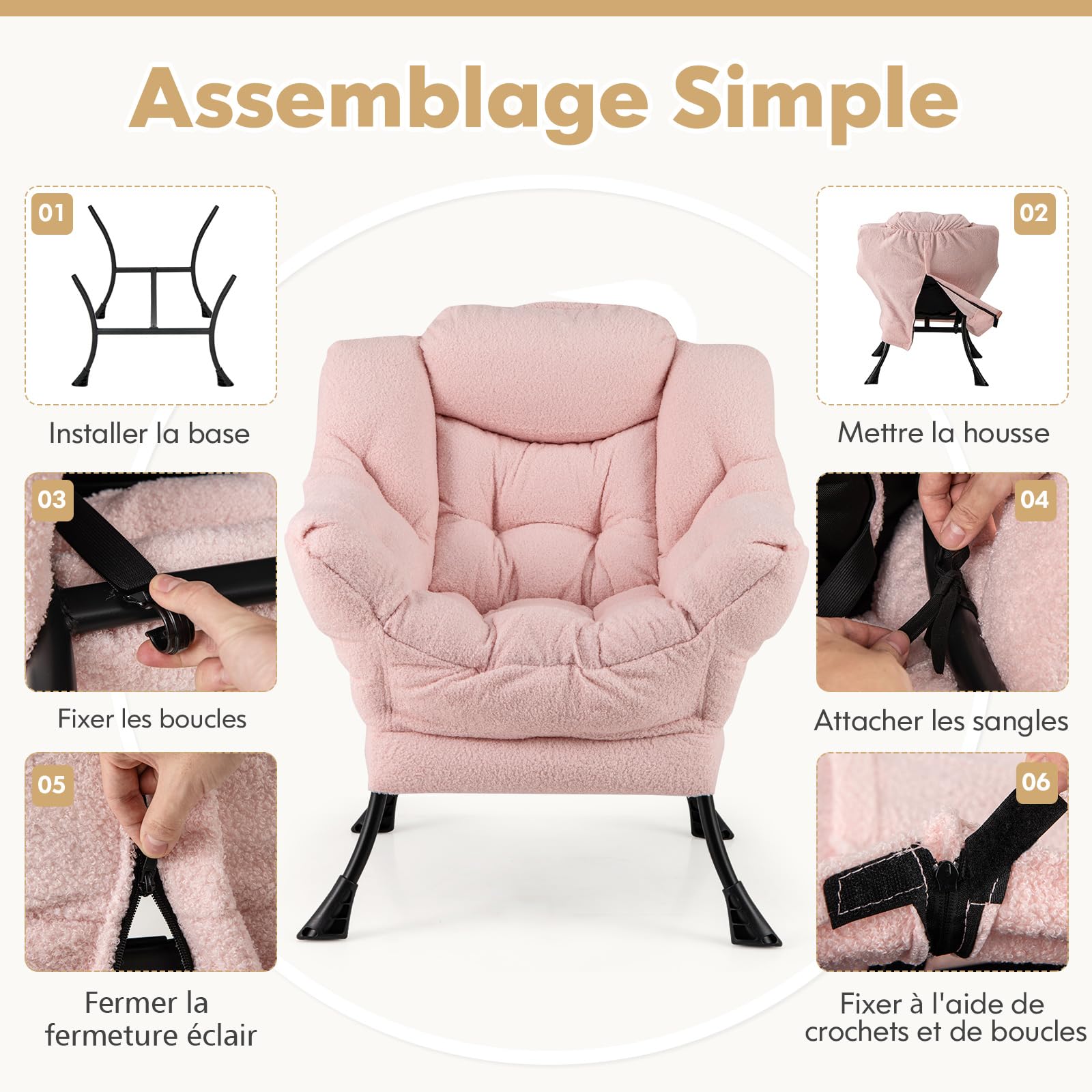 COSTWAY Fauteuil Salon Scandinave en Sherpa avec Oreiller et Poche Latérale, Relax pour Lecture, Cadre en Métal pour Charger 150 KG (Rose)