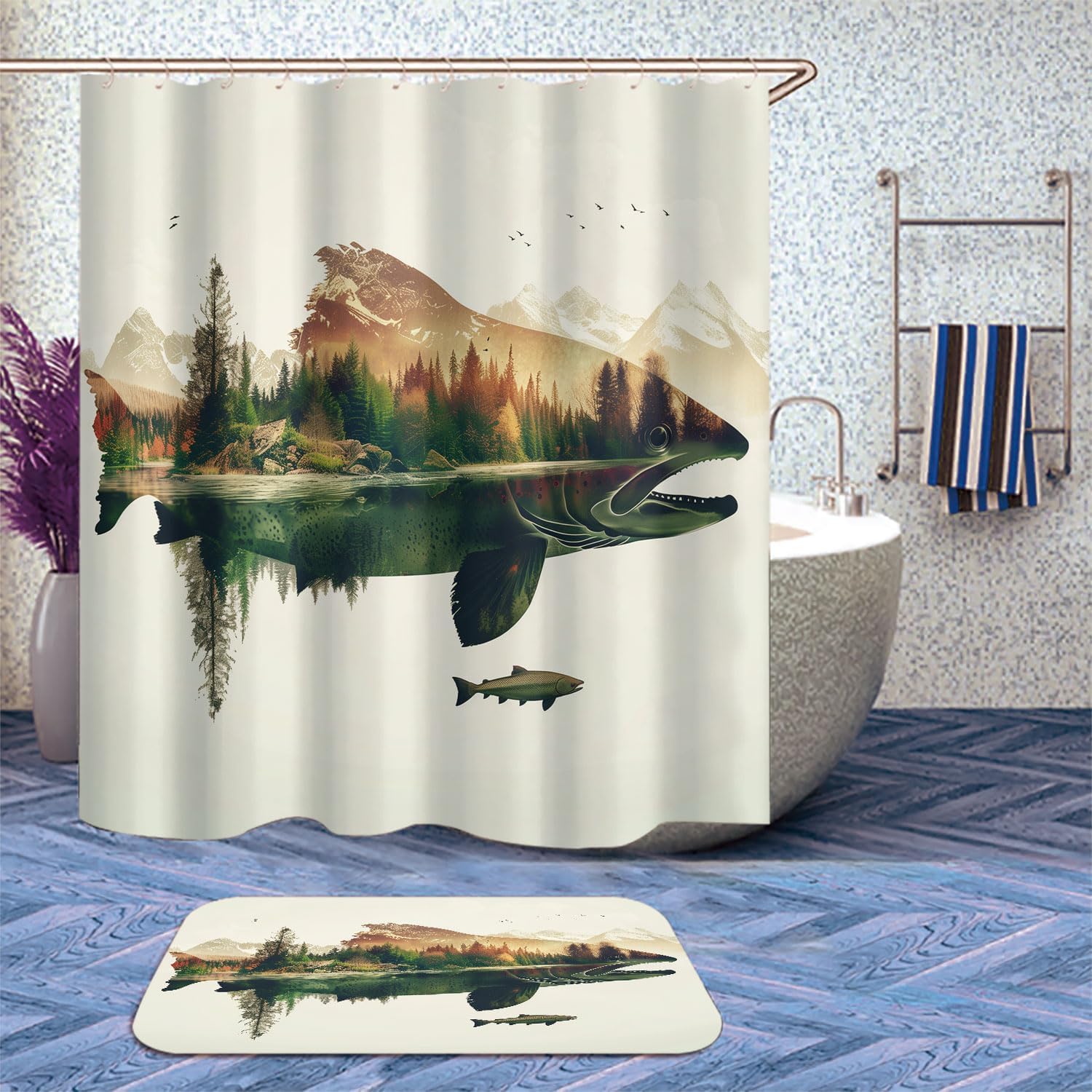 4 Pcs Rusticd Fish Bathroom Shower Curtain Set with Rugs,Toilet Lid Cover, Bath Mat Retro Salmon Vintage Fishing Forest River Bathroom Shower Curtain with 12 Hooks Accessories Decorative