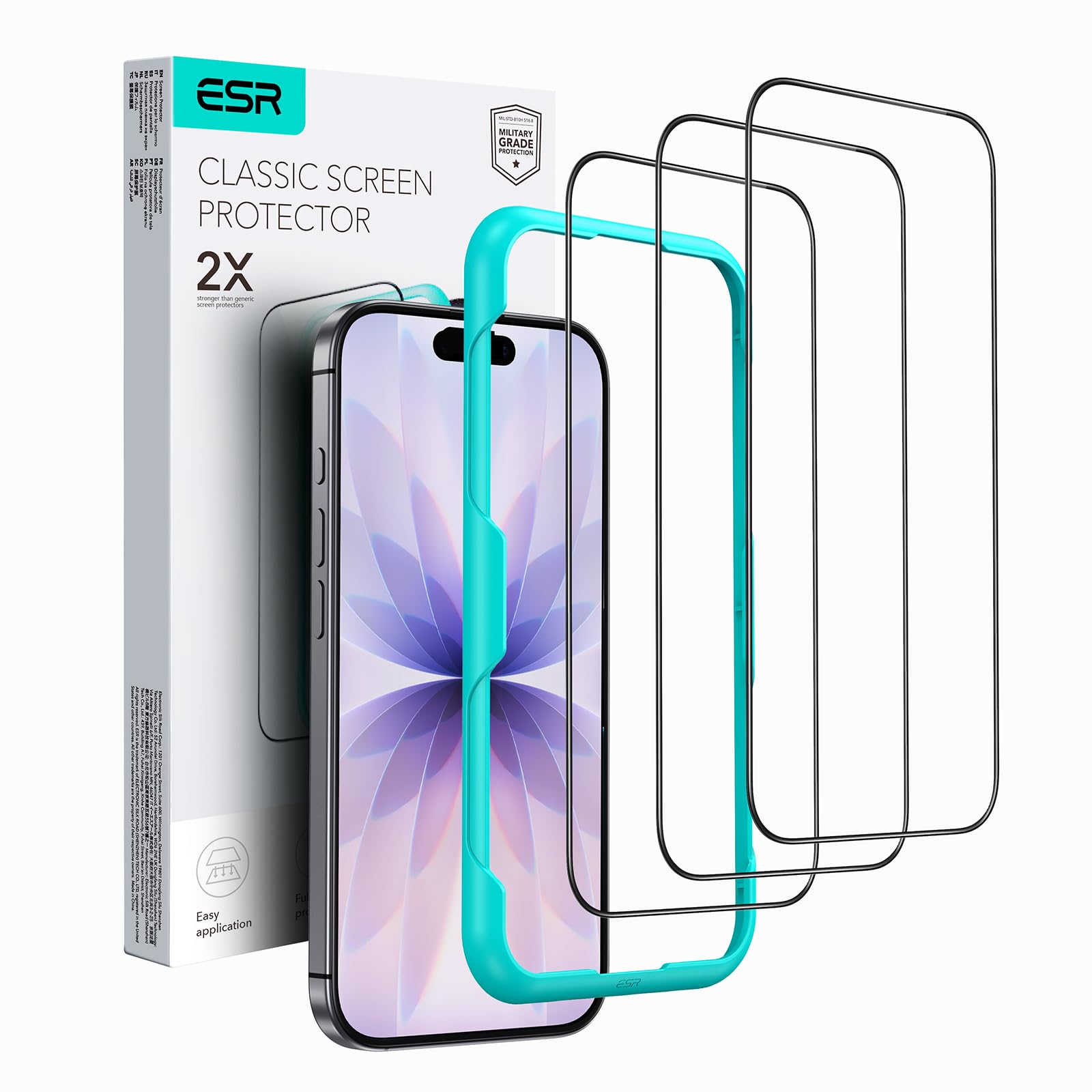 ESR 3 Pack for iPhone 17 / iPhone 16 Pro Screen Protector, 9H Hardness, Military Grade Shatterproof, Full Coverage Tempered Glass Film with Easy Installation Tool, HD Clear, Scratch Resistant