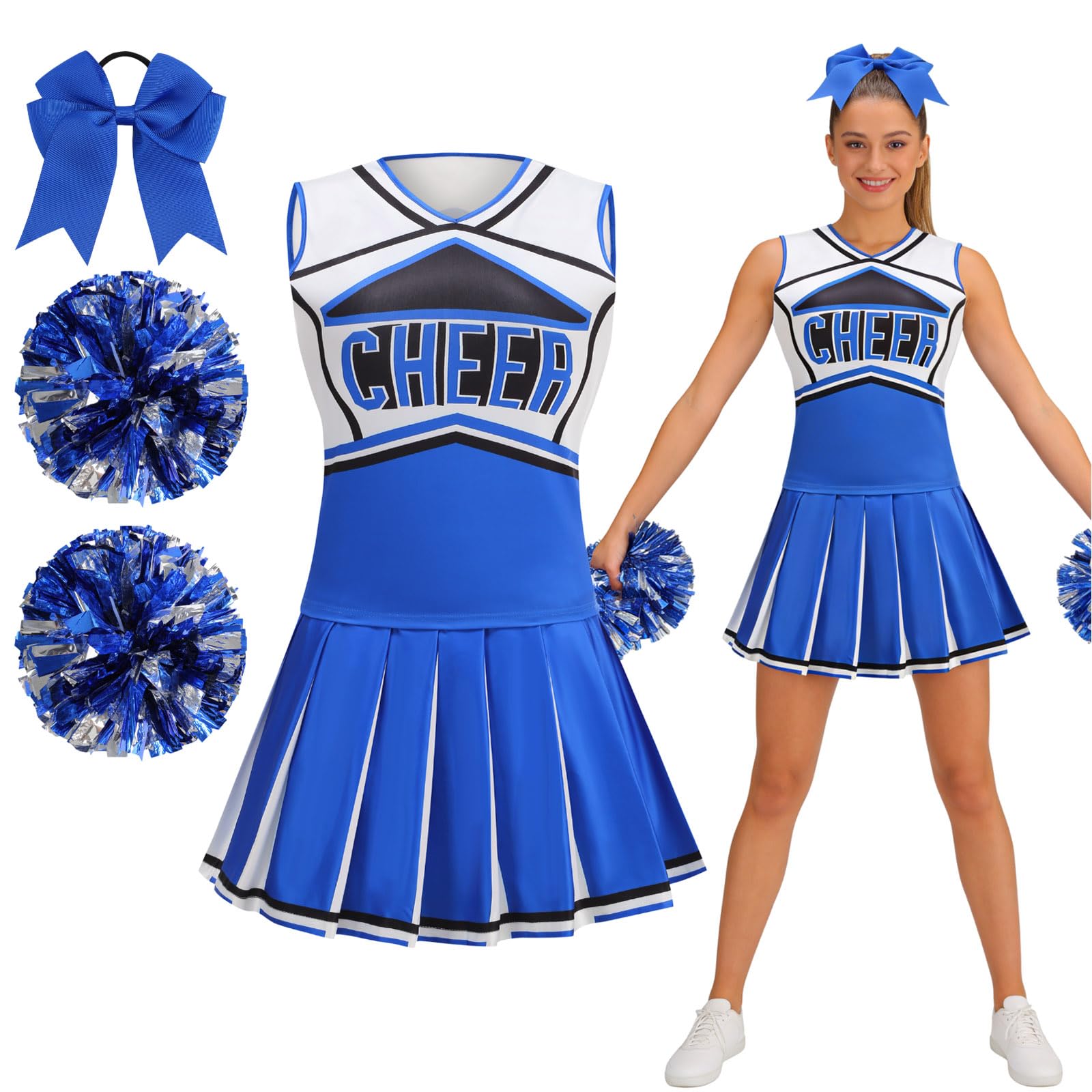 maxToonrain Women Cheerleader Costume 5 PCS Classic Style Adults Cheerleader Outfit with Pom Poms, Top, Skirt, Stockings and Headband for 2026 High School Musical Events Halloween (Blue, L)