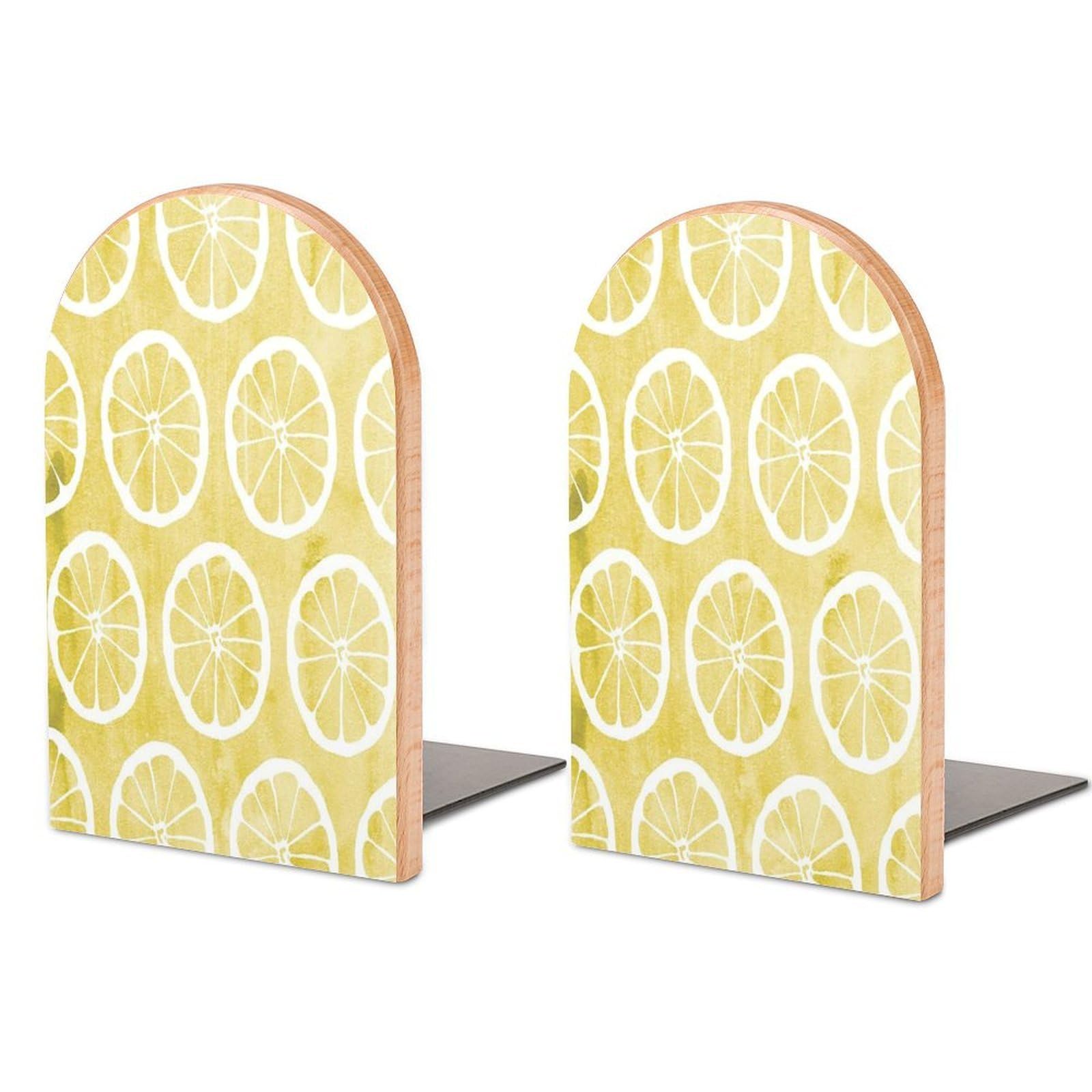 Lemon Watercolor Pattern in Yellow Beech Wood Bookends Heavy Duty Book Organizers Desktop File Holder for Office Home Bookshelf