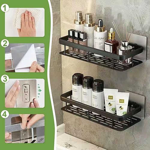Miniatura 4 de Wellnice Estante organizador de ducha, organizador de baño autoadhesivo, organizador de baño de acero inoxidable con 2 ganchos para almacenamiento
