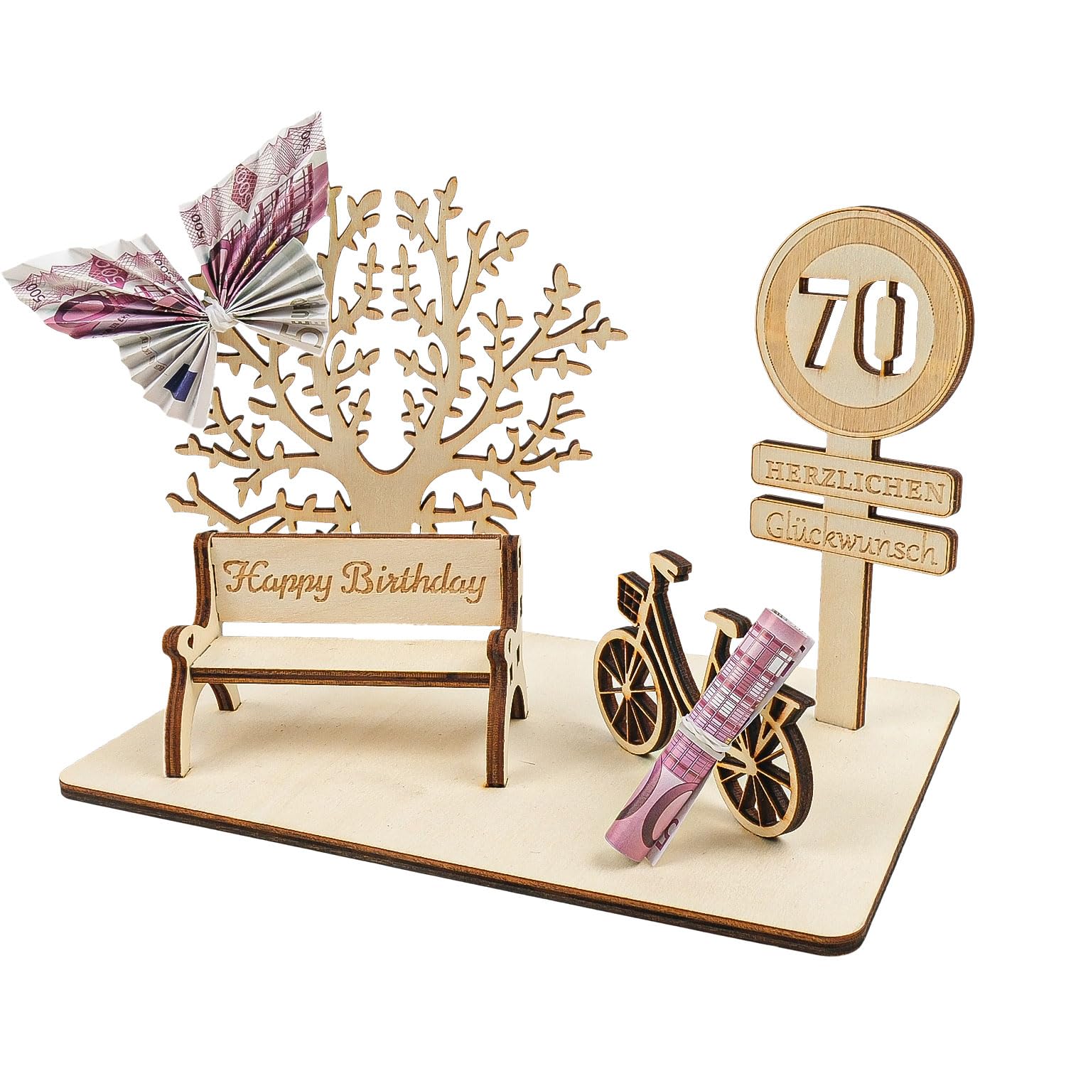 OIOYCLG Geldgeschenke Geburtstag aus Holz,Deko 70 Geburtstag mit DIY Dreidimensionale Bäume Sitzbank Deko Zahlen für Geschenke für Hochzeiten, Partys, Geburtstage,Jubiläum