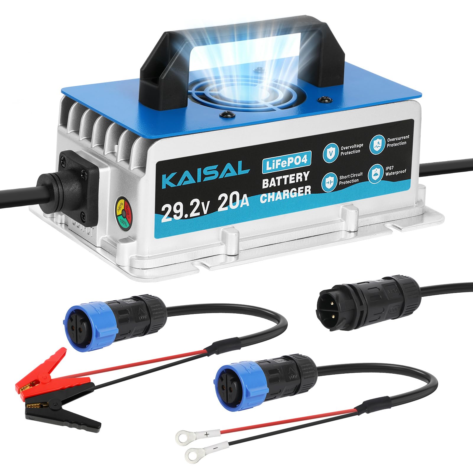 KAISAL 29.2V 20A Cargador de Bateria Litio, Cargador de Baterías LiFePO4 para 24V(25.6V) Batería Litio, Impermeable IP67, 24V Cargador Inteligente para Carrito de Golf, Autocaravanas, Barcos, Solar