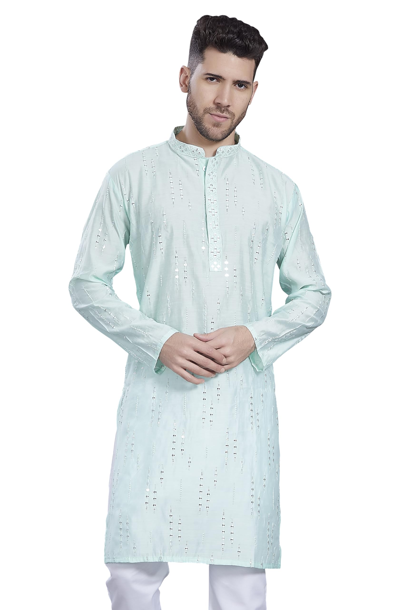 Divisive Men's Mirror Embroidered Silk Blend Only Slim Fit Kurta (Dkrt817_Xxl_Sea Green)