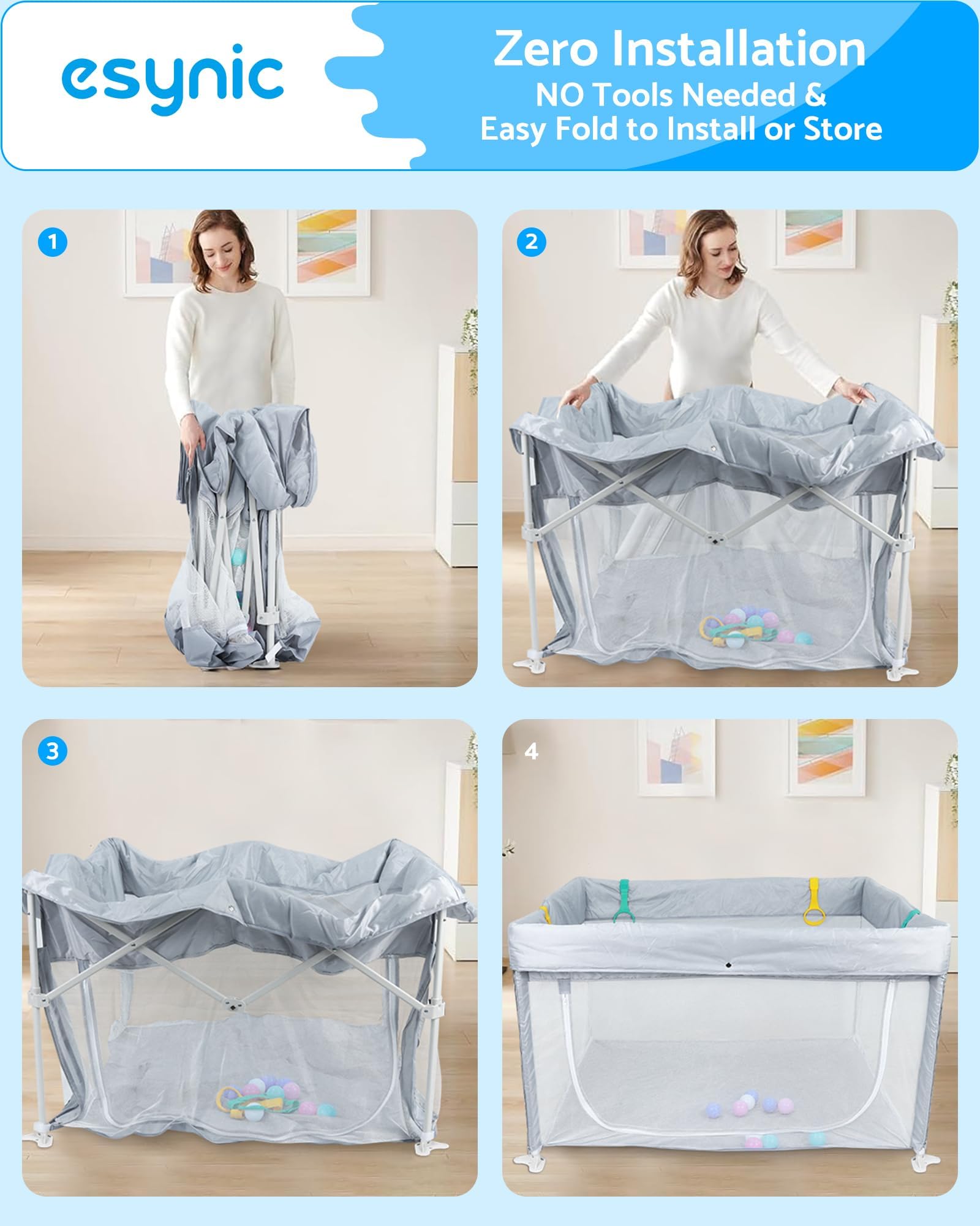 eSynic Corralito Bebé Portátil 120x120cm, Parque Infantil Plegable con 10 Bolas, Malla Transpirable, 4 Agarraderas y Bolsa Transporte - Juegos Seguros para Bebés