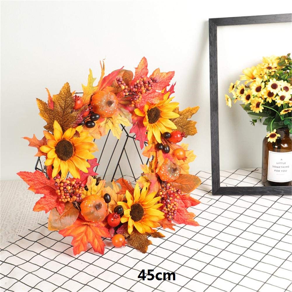 Guirlande De Noël Décoration Porte Ronde Guirlande De Fleurs avec Feuille D'Érable Citrouille Baies Rouges 45cm