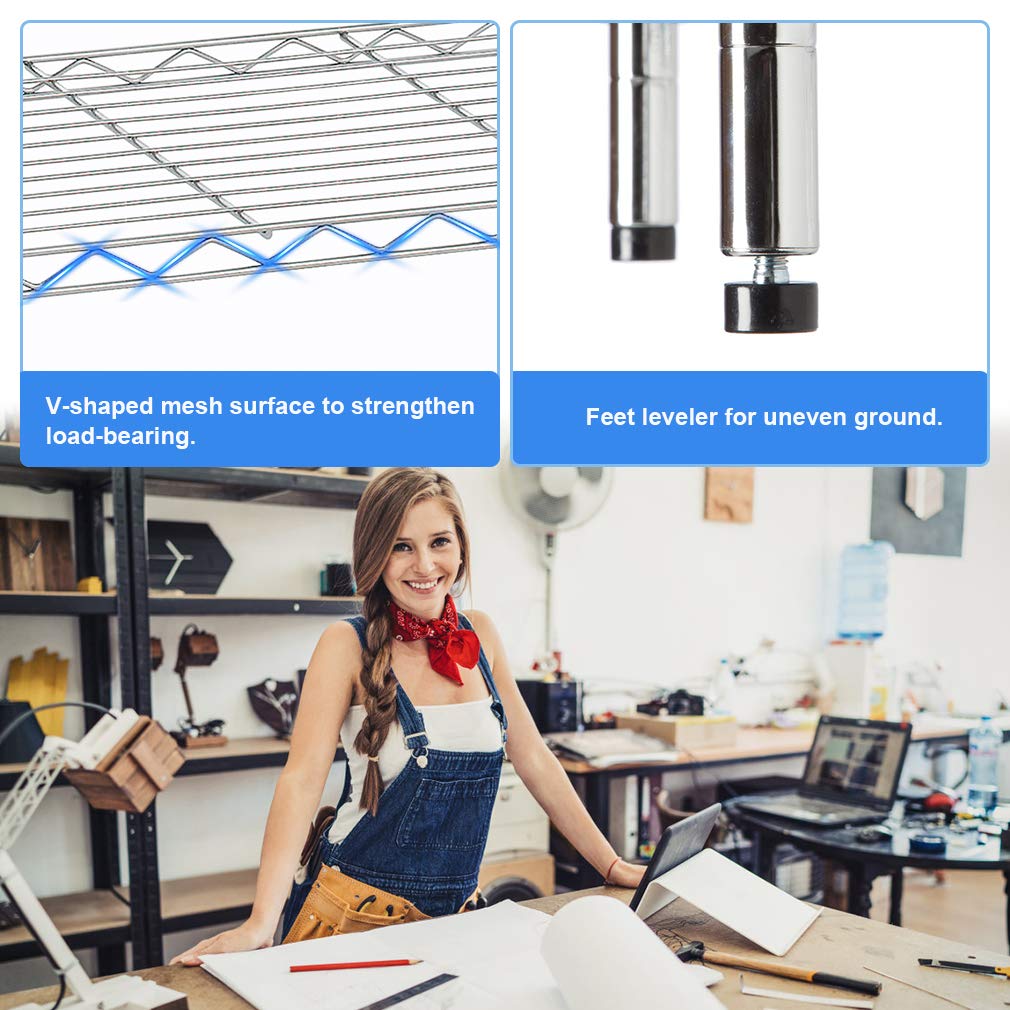 BestOffice 36x14x72inch 4 Tier Layer Commercial Shelf Adjustable Steel Wire Metal Shelving Rack (5 Shelf Chrome)