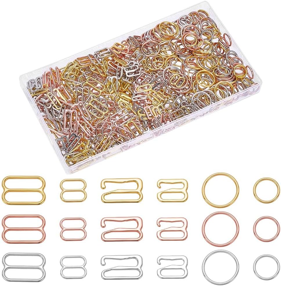 CRAFTYMELODY 450Pcs Bra Strap Hooks for Sewing Bikini 18 Styles Metal Swimsuit Bra Tops Underwear Clasp Rings Halter Tops Bathing Suit Clips Adjustment Slider Replacement for Swimsuit Tops Lingerie