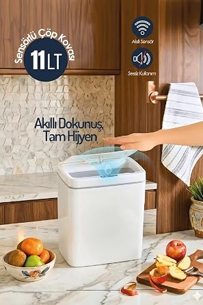 Otomatik Hareket Sensörlü Çöp Kovası, Banyo Çöp Kovası, Çocuk Odası Çöp Sepeti, Çöp Kutusu, 11 Litre, 26x18x29 cm, Beyaz, 2 Adet 1.5 V AA Pil ile Çalışır (Piller Pakete Dahil Değildir)