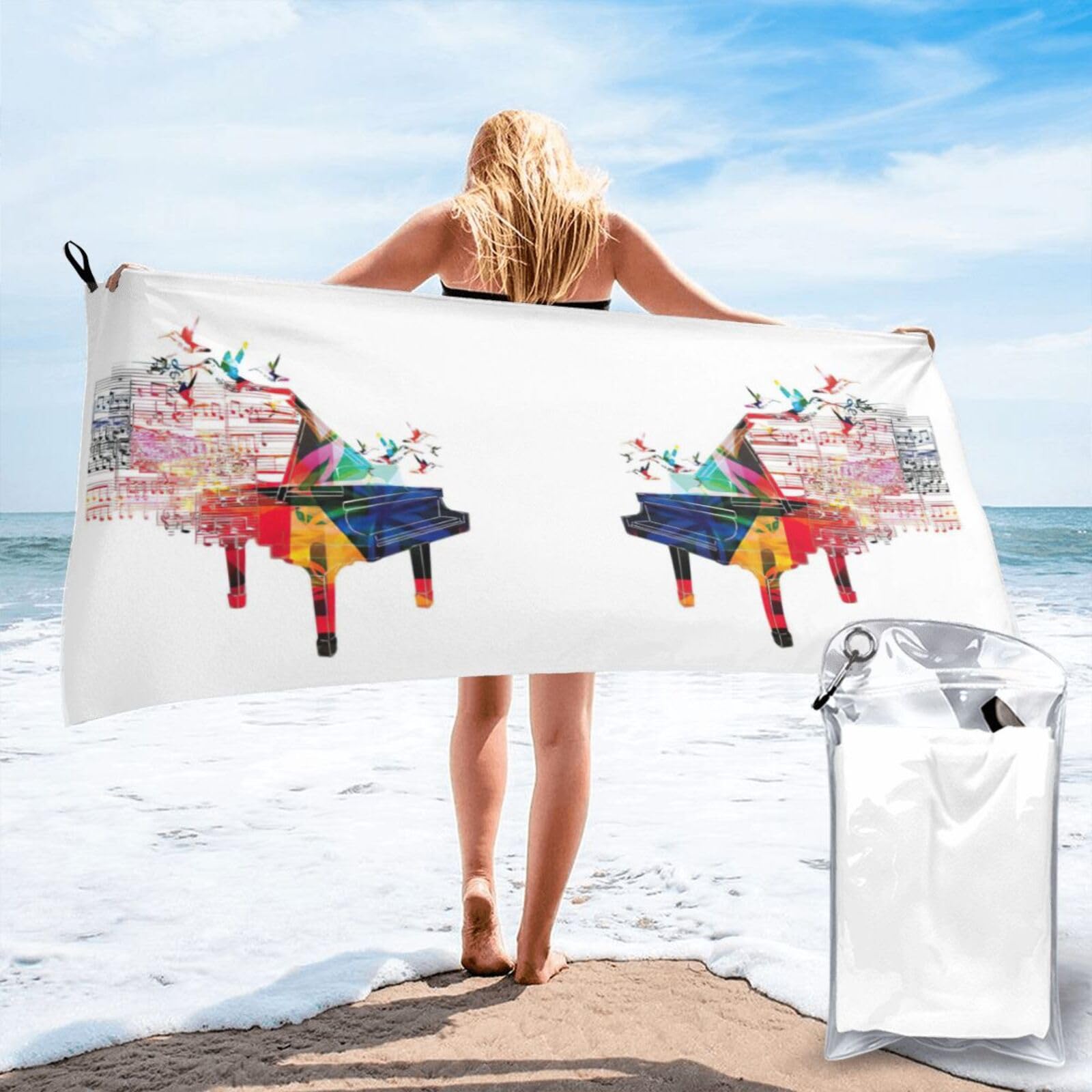 Toalla de playa portátil y superabsorbente con estampado de teclado de piano colorido