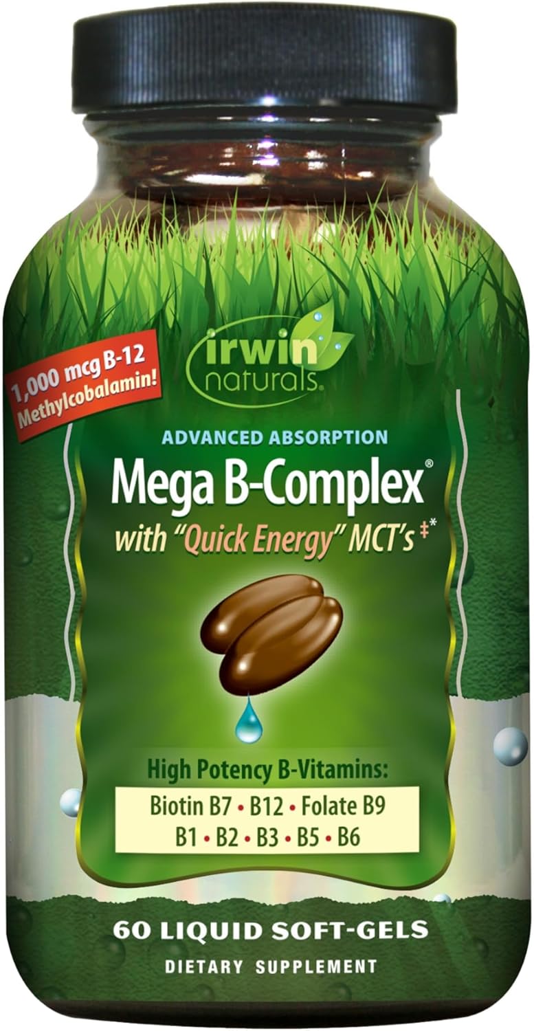 Irwin Naturals Advanced Absorption Mega-B Complex – 60 Liquid Soft-Gels – High Potency B-Vitamins with Quick Energy MCTs – 60 Servings