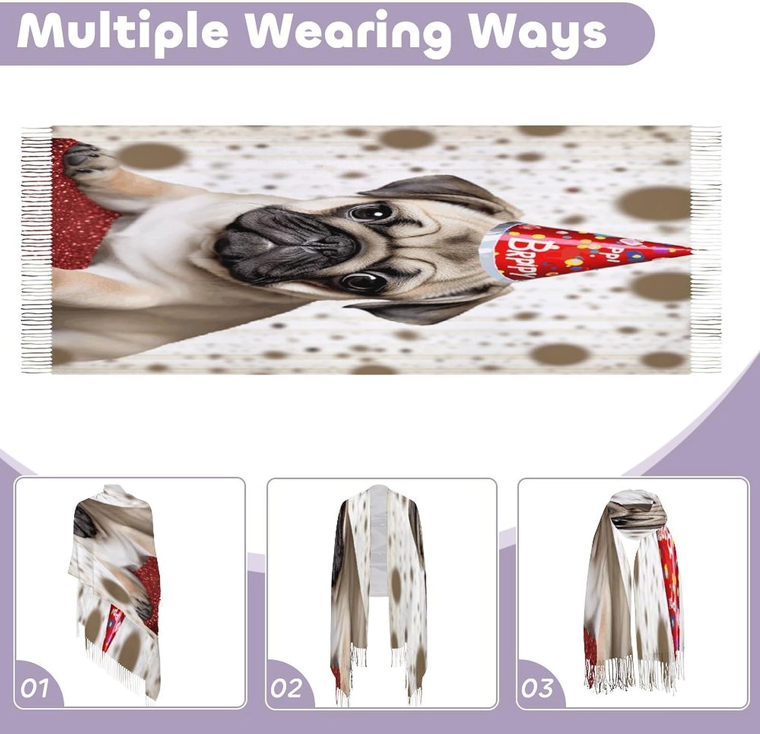Cute Happy Birthday Pug Puppy Winter Scarf for Women Soft Tassel Scarves Oversized Wraps Long Shawl Cold Weather Thick Blanket Scarfs
