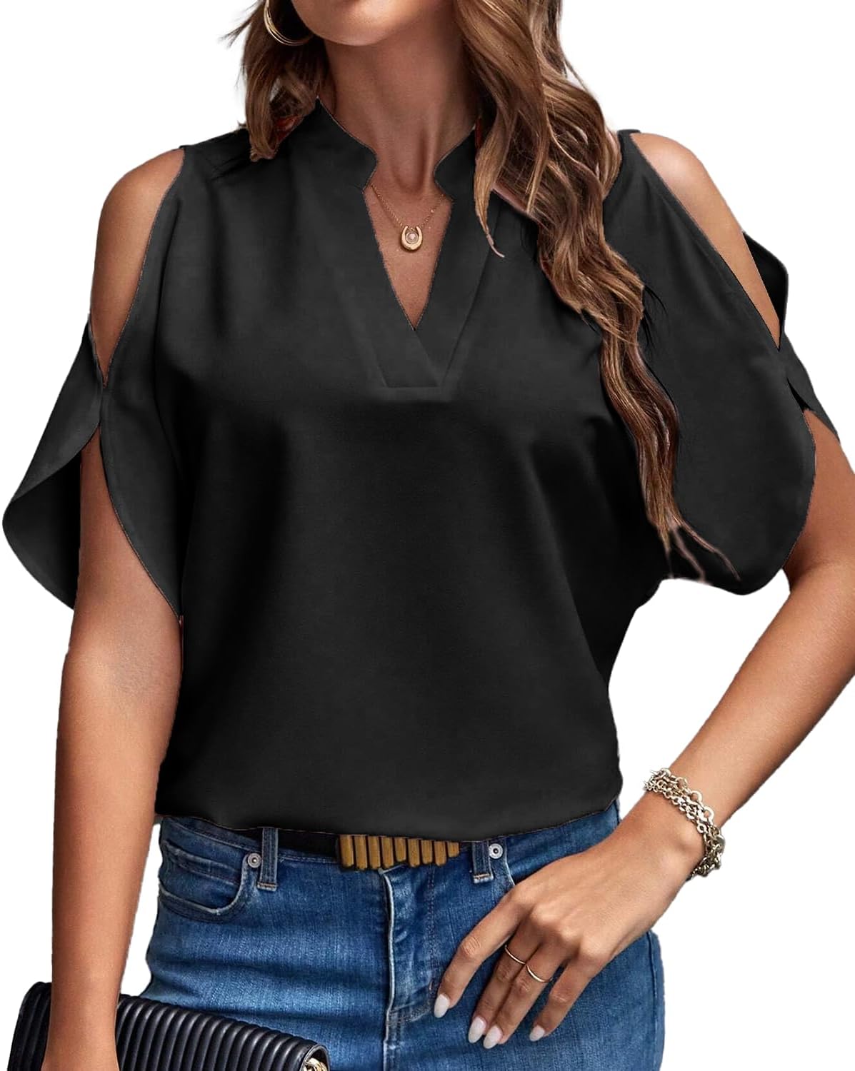 Women's Short Batwing Sleeve Blouse Soft Flowy Chiffon Shirt V-Neck Shirt for Casual Wear