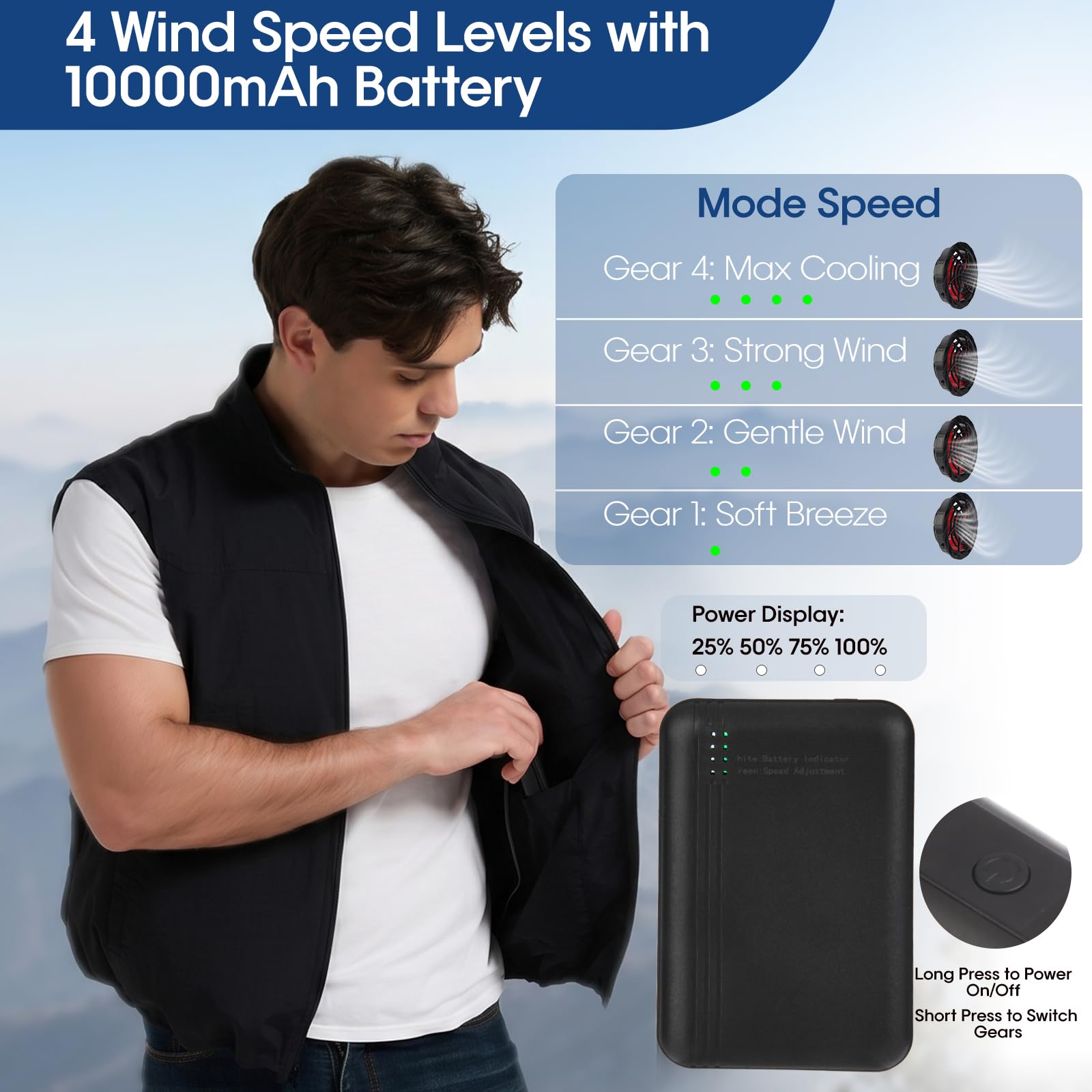 Kühlweste, 12 V, elektrische Kühlweste mit 4 Ventilatoren, klimatisierte Jacke für Damen und Herren, Sommer, Outdoor, inklusive Batterie